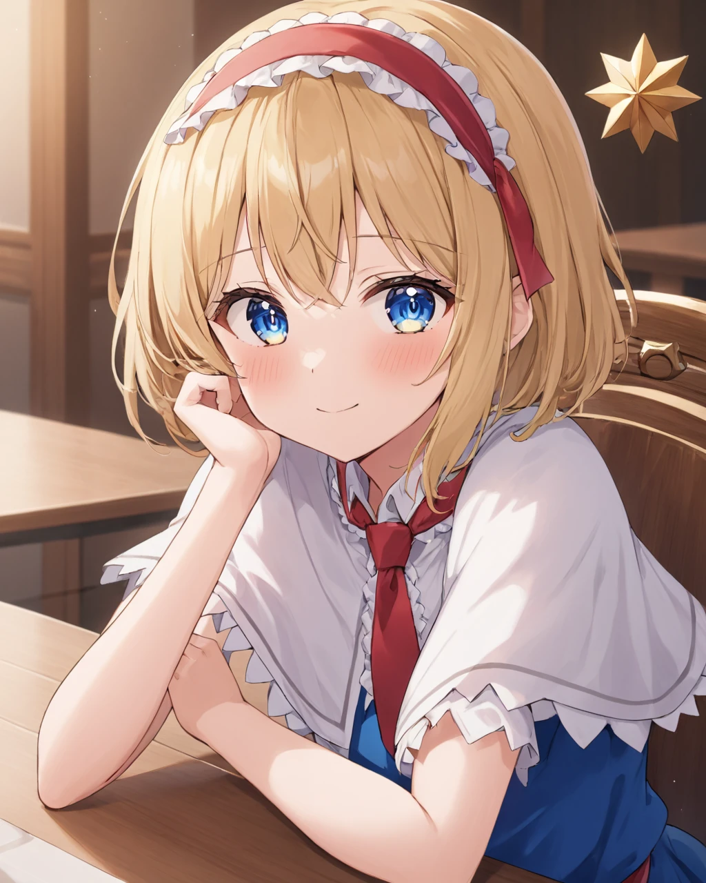 alice margatroid,1girl, solo, white_capelet, blue_dress, red_hairband, looking_at_viewer, smile, indoors, closed_mouth, blush, upper_body, red_necktie, sitting, hand_on_own_face, ta_hairband, blurry, table
<lora:alice_margatroid_image3379_2023-12-11-000006:1>,star-shaped_pupils,symbol-shaped_pupils,. gorgeous,key visual, vibrant, studio anime,award-winning, professional, highly detailed,high budget, cinemascope