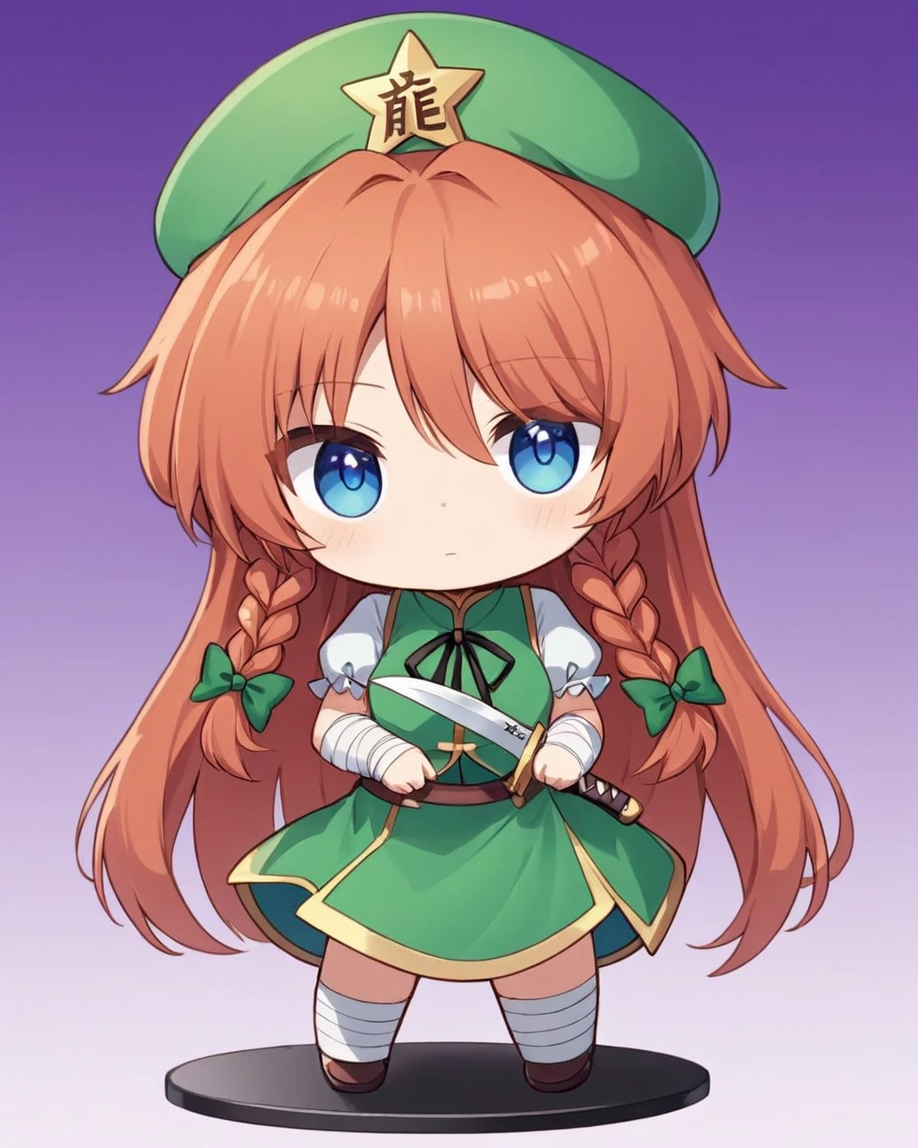 hong meiling,1girl, star_hat_ornament, twin_braids, solo, knife, star_\(symbol\), tress_ribbon, gradient_background, bandaged_head, gradient, looking_at_viewer, chibi, beret, hair_bow, purple_background, bandage_over_one_eye, one_eye_covered, green_headwear, green_bow, object_through_head, wide-eyed, simple_background, cosplay
<lora:hong_meiling_image3632_2023-12-11-000004:1>,star-shaped_pupils,symbol-shaped_pupils,. gorgeous,key visual, vibrant, studio anime,award-winning, professional, highly detailed,high budget, cinemascope