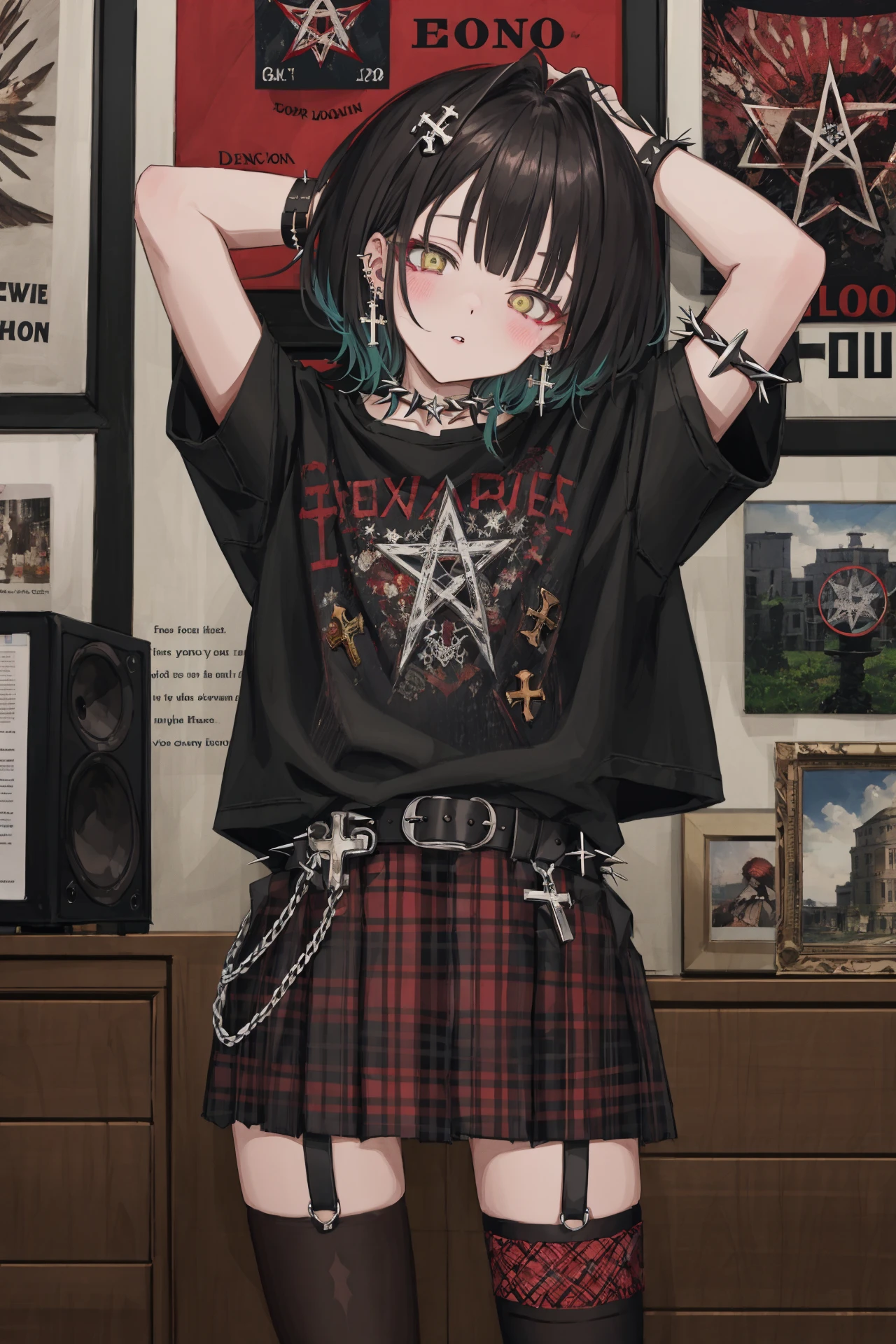 1girl, solo, skirt, plaid skirt, looking at viewer, medium hair, shirt, cowboy shot, profanity, jewelry, plaid, cross, black shirt, belt, earrings, blush, yellow eyes, black skirt, spiked armlet, head tilt, thighhighs, black hair, television, standing, heterochromia, parted lips, red eyes, indoors, english text, bangs, hand up, short sleeves, latin cross, black thighhighs, cross earrings, speaker, poster \(object\), arm up, pleated skirt, pentagram, black belt, single thighhigh 