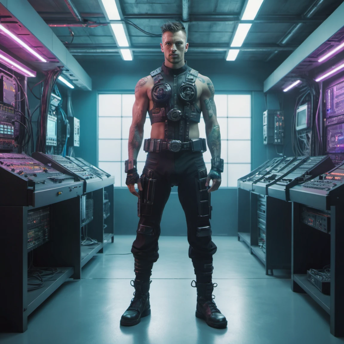 cyberpunk man standing in cybernetics workshop, cyberpunk setting, ((futuristic technology)), full body view, soft natural lighting, intricate detail, colorful