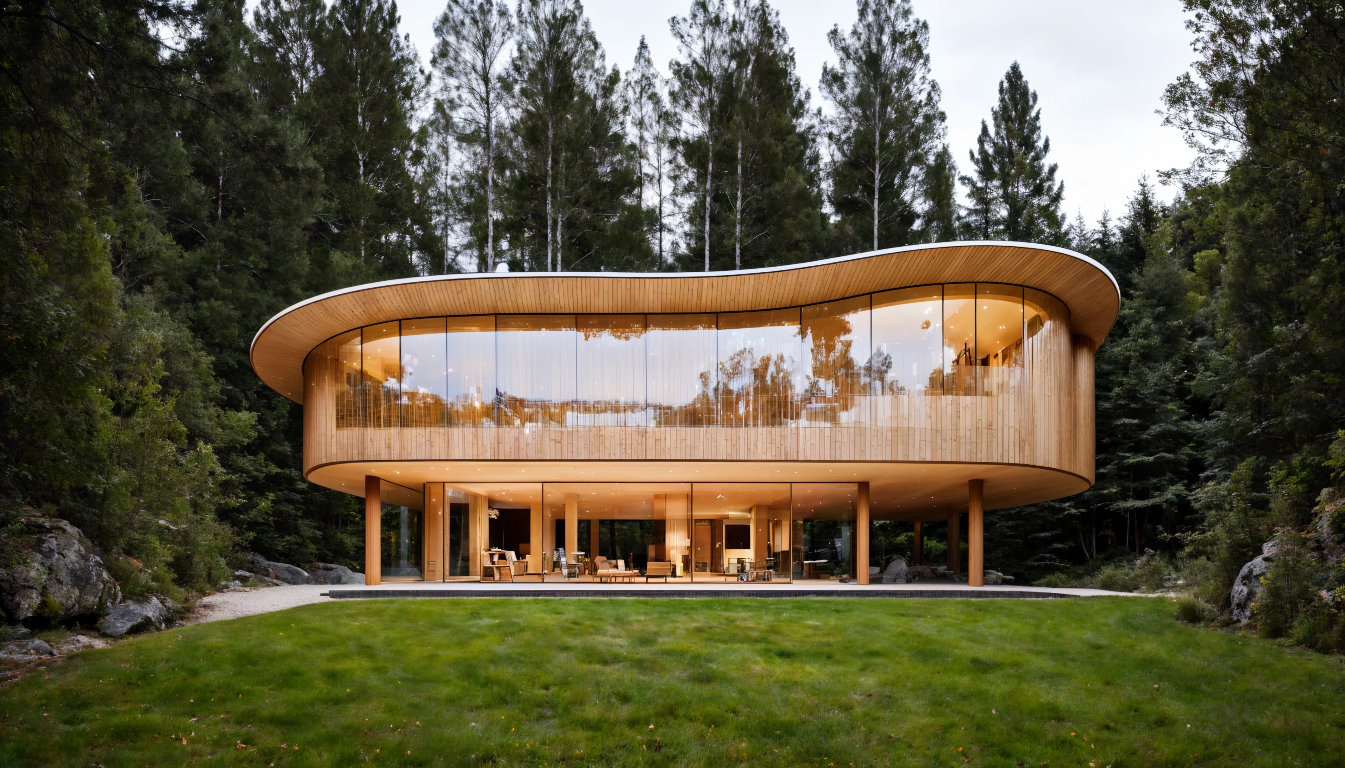 <lora:Arc_v5:0.63>, RAW photo, (curvy, raw, sculptural, carved wood, residential villa in Norway, designed by Kengo Kuma), ((one boy playing outside)), beautiful composition, curvilinear, ((retro futurism style)), white sky, cinematic lighting, (diffused light:1), fog, architecture photography, hyper realistic, super detailed, 8k, Nikon Z6 Mirrorless Camera, film grain