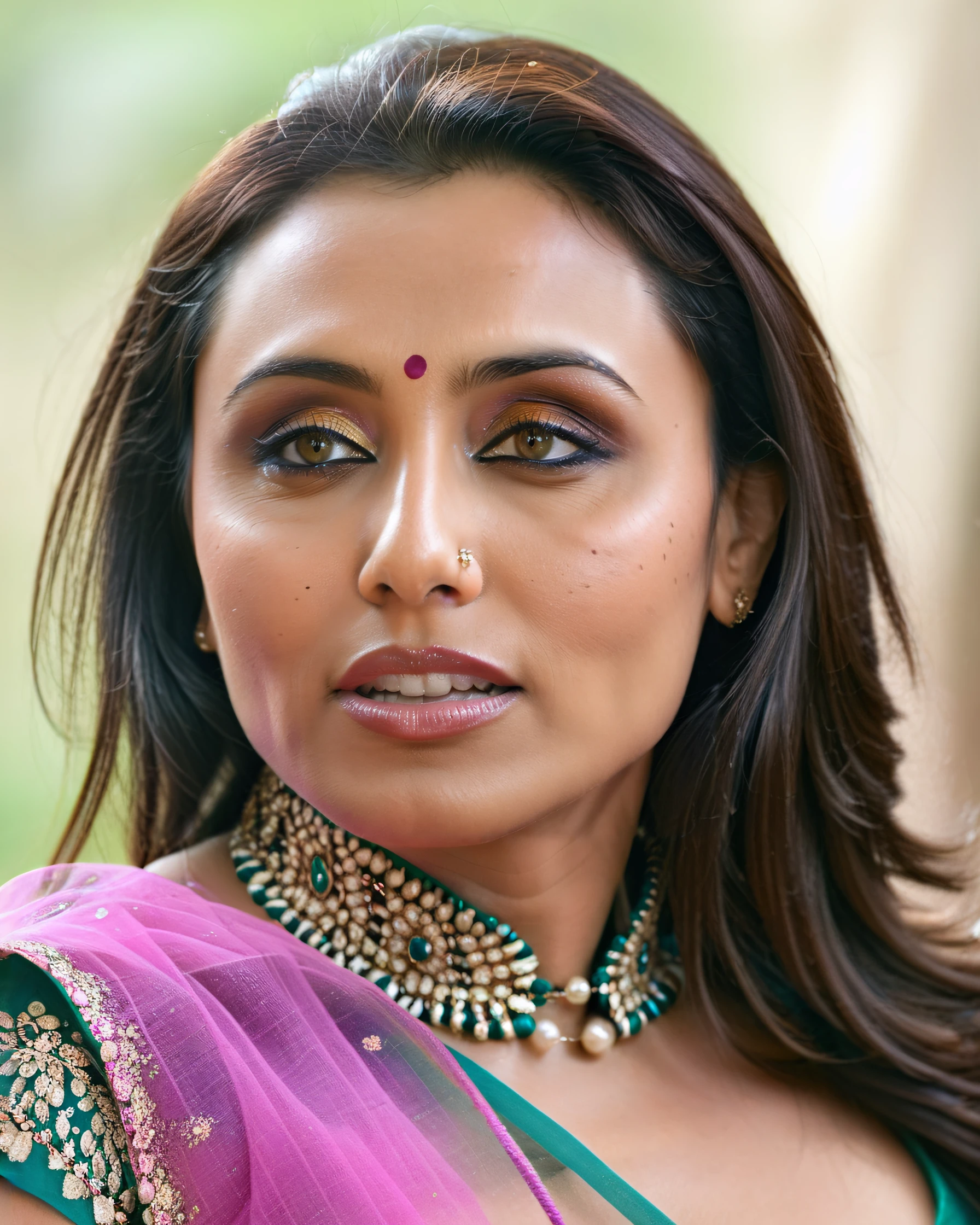 ultrarealistic soft focus photo of a 30-year-old woman, rani mukerji, outdoors, high neck Phulkari Suit lace covering chest and cleavage, Lip bite in nervousness, macro shot camera angle, looking looking at camera, day time, beautiful bokeh <lora:Rani_Mukerji_SDXL_LoRA:0.8>