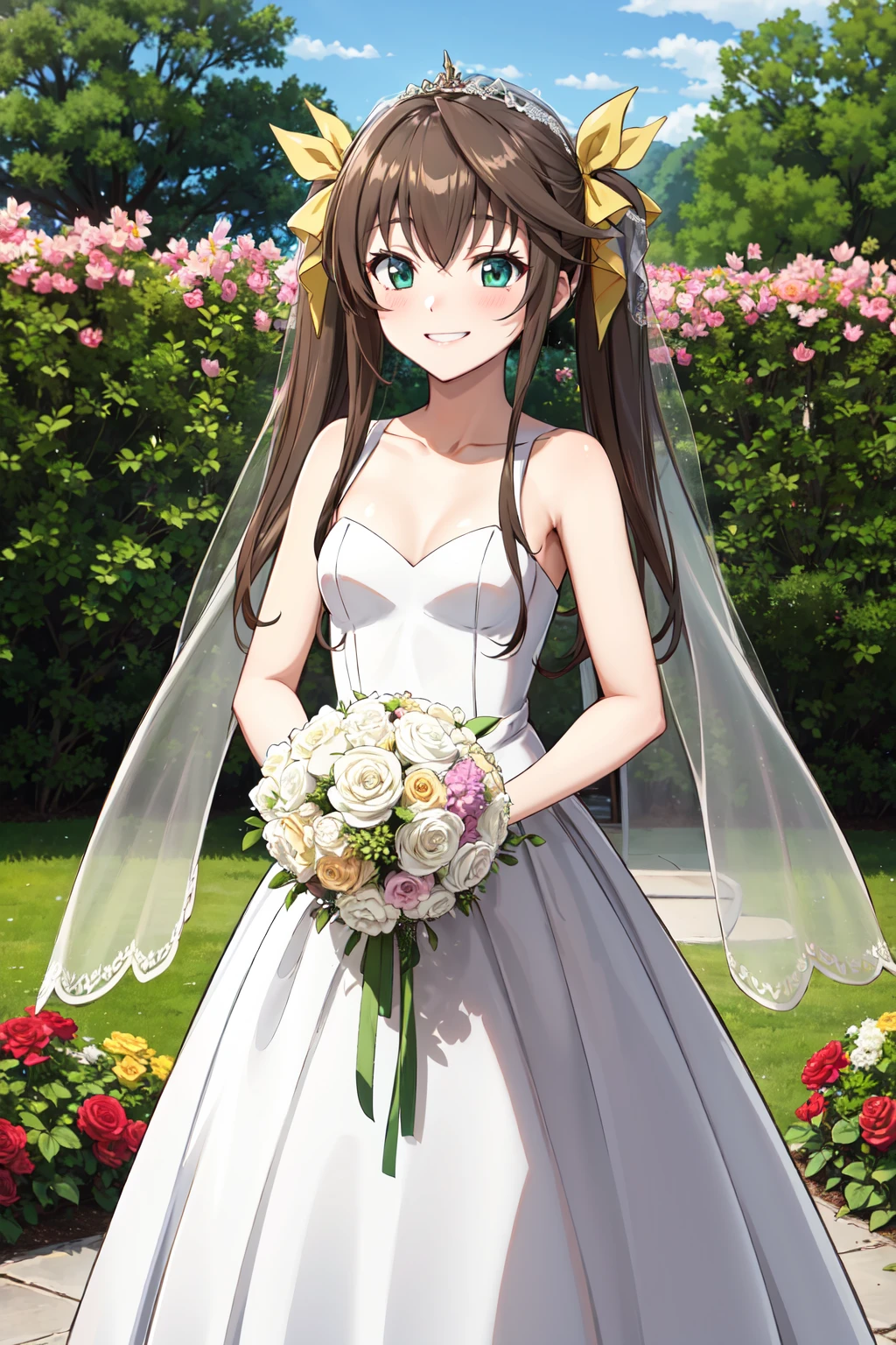 masterpiece,best quality,highres,ultra-detailed,aalingyin,long hair,twintails,hair ribbon,yellow ribbon,<lora:Huang_Lingyin:0.9>,small breasts,(wedding dress:1.2),white dress,(veil:1.2),garden,smile,outdoors,standing,cowboy shot,holding bouquet,