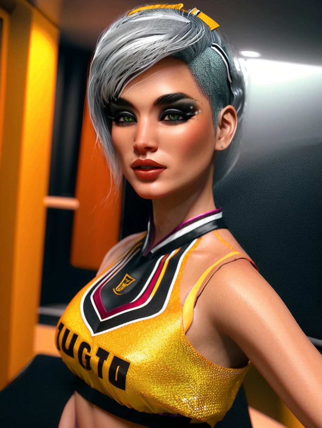 <lora:QuinnV1:1> QuinnV1, QuinnMakeup,3D render, unreal, 4K, high resolution skin texture, ultra detailed eyes,  in cheerleader cosplay