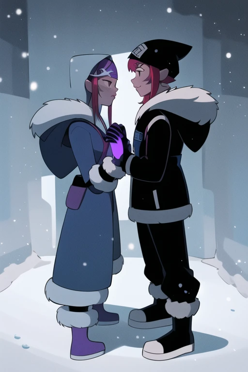 <lora:ester-06:1> ester, facing front, front view,  full body, snowing, hood up, wearing hood, wearing mittens, holding snowflake, snowflake between hands, looking into hands, snowflake glowing blue, dark background, snowing, masterpiece, best quality