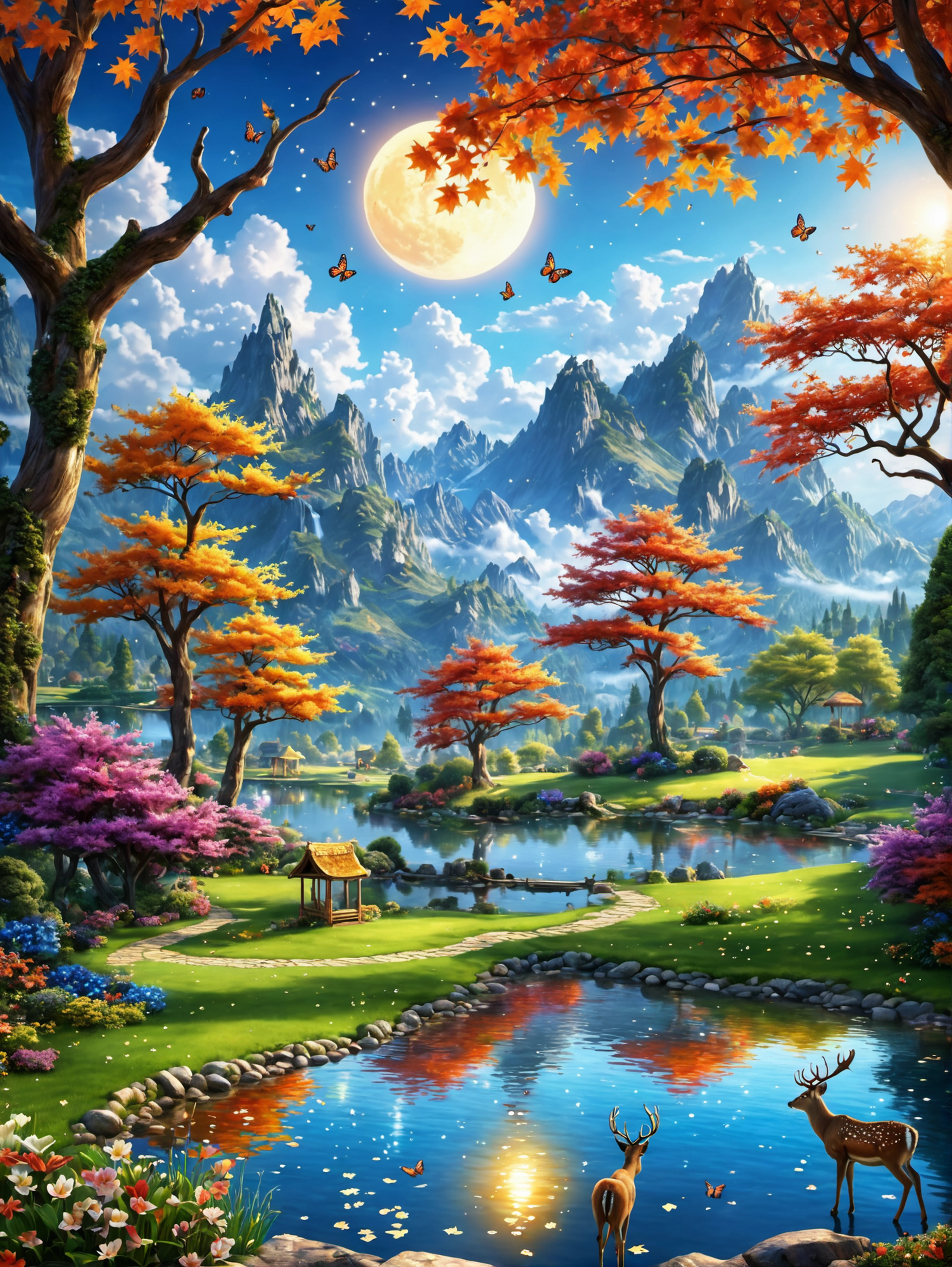 (high quality:1.4), (best quality:1.4), (masterpiece:1.4), epic fantasy garden, official art, official wallpaper, surreal, flying butterfly:1.1, detailed landscape:1.1, magic in the air:1.1, stardust:1.1, night sky, whimsical atmosphere:1.1, dreamlike world:1.1, maple leaf, moonlight:1.1,deer ,pond:1.1, enchanted garden, wisdom:1.1, powerful energy:1.1, guardian angels:1.1, peaceful:1.1, vibrant colors, (detailed:1.05), (extremely detailed:1.06), sharp focus, (intricate:1.03), cinematic lighting, (extremely intricate:1.04), (epic scenery:1.09), vibrant colors, (beautiful scenery:1.08), (detailed scenery:1.08), (intricate scenery:1.07), (wonderful scenery:1.05),, (sharp focus,absurdres,high quality,masterpiece,highres,best quality:1.5)