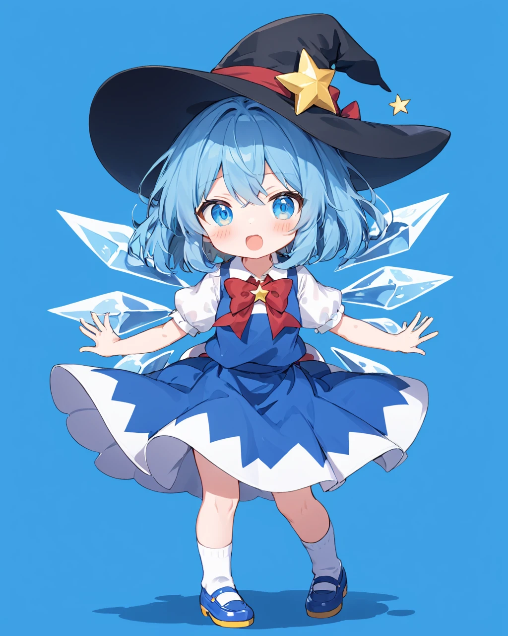 cirno,1girl, solo, blue_dress, open_mouth, shoes, ice_wings, blue_footwear, full_body, hair_bow, puffy_short_sleeves, white_shirt, blush, red_bowtie, white_socks, holding_hat, looking_at_viewer, blue_background, :d, blue_bow, hat_removed, white_background, collared_shirt, simple_background, skin_fang, bobby_socks, standing, black_headwear, witch_hat, sparkle
<lora:cirno_image8906_2023-12-11-000005:1>,star-shaped_pupils,symbol-shaped_pupils,. gorgeous,key visual, vibrant, studio anime,award-winning, professional, highly detailed,high budget, cinemascope