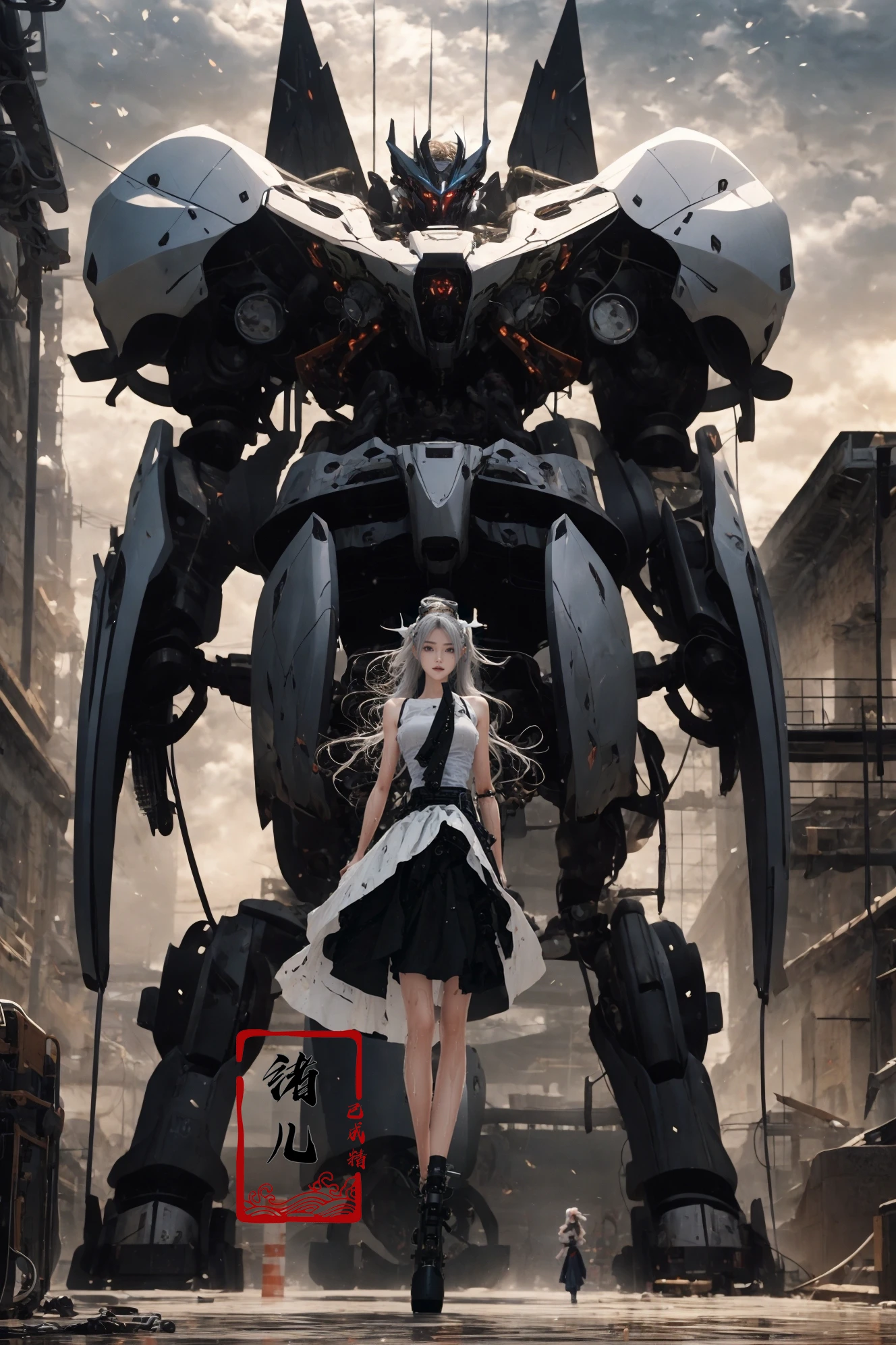 Mecha(dramatic, gritty, intense:1.4),masterpiece, best quality, 32k uhd, insane details, intricate details, hyperdetailed, hyper quality, high detail, ultra detailed, Masterpiece, super vista,
Epic CG masterpiece, Asuka Langley Soryu,hdr,dtm, full ha, in the style of mecha anime, like a god The dancing long knife charging forward battlefield, the burst meteor, the fierce battle of fighting with his life, 8K, ultra detailed graphic tension, dynamic poses, stunning colors, 3D rendering, surrealism, cinematic lighting effects, realism, 00 renderer, super realistic, full - body photos, super vista, super wide Angle, HD
Factory, machinery, luminescence, light pollution, cyberpunk
1girl, solo,(masterpiece), (best quality), mecha,battle, glowing, night,  science_fiction, signat,(Armor rusted:1.2)(At night:1.1),(white hair:1.1)(Optical wing deployment:1.5),
(Light pollution, laser sword in hand:1.2) (Slim body, long legs:1.1)mecha musume, flying, floating, skinny, thrusters, heavy weapon, cannon,Realistic light, high-precision shadows,ray tracing,8k,3d,Realistic style,Attack action, dynamic perspective,Very detailed detail, very nice texture,white,Collapsed house,(more drone:1.1),Floating cannon,(War damage:1.1), mechanical arms, headgear,
full body,Realistic skin, realistic light and shadow, Exposed collarbone, exposed shoulders{an extremely delicate and beautiful girl}(Combat posture:1.3),(ruins battlefield:1.5),light,3d,Unreal 5(Mechanical parts emit light:1.3)(light pollution:1.3)sweat(long legs:1.3),( very long hair:1.3),(Damaged clothes:1.3)tear,(injured:1.2),(There is a halo behind:1.1),Lens Halo,(very long Mechanical skirt:1.8),(very long mechanical cape:1.1),
Facing the audience,(Raising the weapon in hand:1.1),(messy hair:1.2), (Is attacking the audience with a weapon in hand:1.1)black clother,( wet hair:1.4)(Black transparent pantyhose:1.1)(light anger:1.1)(More halos:1.5)(Floating cape and skirt:1.1)(evil smile:1.1), (red ribbon),(Blood on face:0.8),
<lora:~Q?-g:u2 Mecha:0.8>