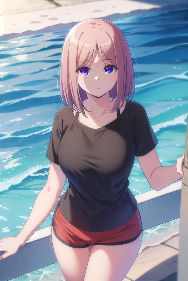 ayasatachibana, <lora:ayasa tachibana anime s1-lora-nochekaiser:1>,
ayasa tachibana, brown hair, purple eyes, pink hair, short hair,
BREAK shirt, collarbone, short sleeves, shorts, black shirt, t-shirt, red shorts, dolphin shorts,
BREAK outdoors, beach,
BREAK looking at viewer,
BREAK <lyco:GoodHands-beta2:1>, (masterpiece:1.2), best quality, high resolution, unity 8k wallpaper, (illustration:0.8), (beautiful detailed eyes:1.6), extremely detailed face, perfect lighting, extremely detailed CG, (perfect hands, perfect anatomy),