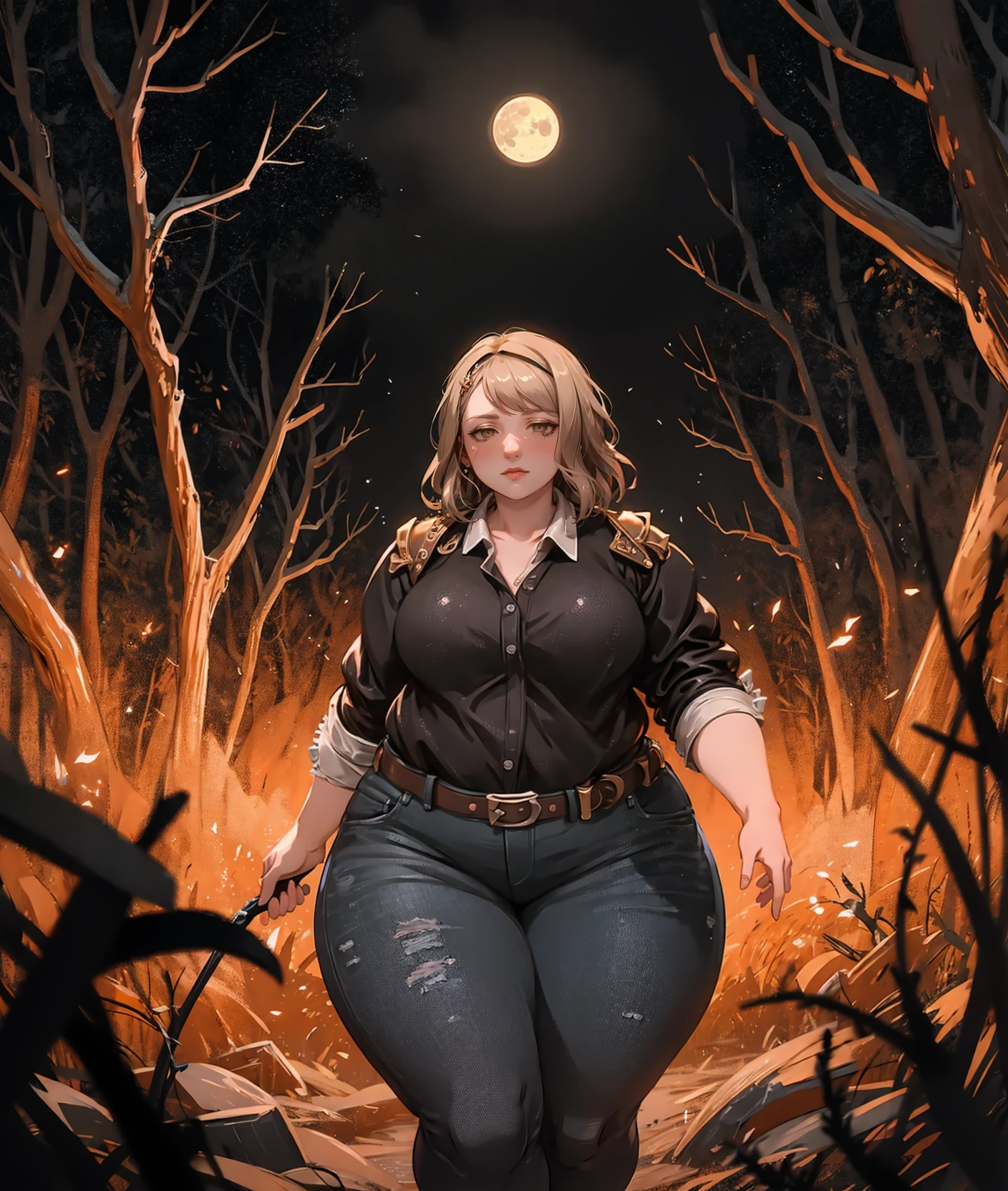<lora:symodel-3-0-a3-lyco-extract:1>
masterpiece, volumetric lighting, (art by ryokuchamichi:0.6), (art by Tashoelle:0.5), (Tintoretto art style:1.2),
solo, 1girl,
fat, clothed midsection, collared shirt, jeans, night, moon, forest, cowboy shot, wide hips