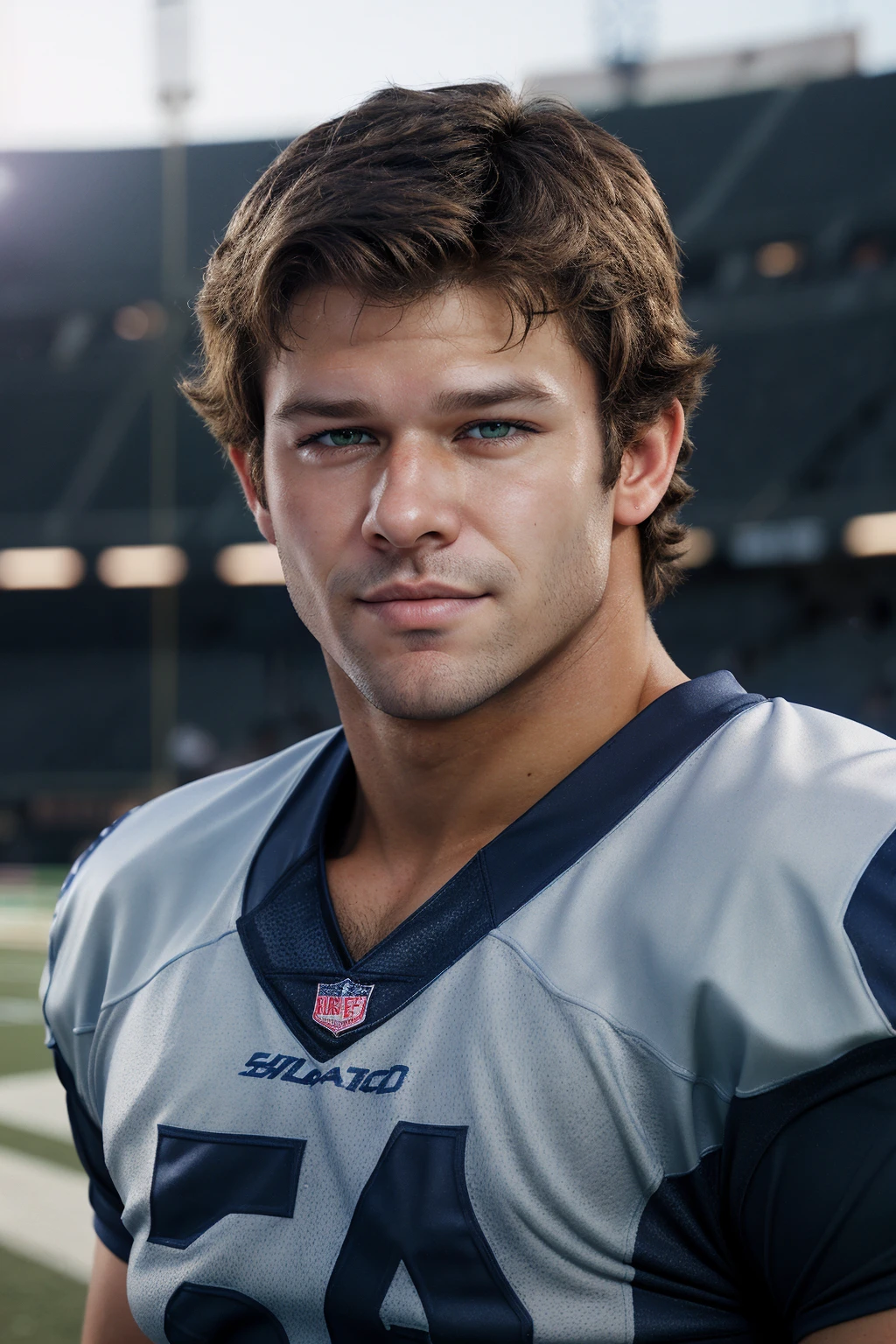 (male focus), close-up, headshot, shot, photo of  fb_blake  <lora:fratbrat_blake-07:0.75> confident smirk, blurred stadium background, soft natural lighting, slight backlight, wearing a football jersey, 85mm, shallow depth of field, assertive