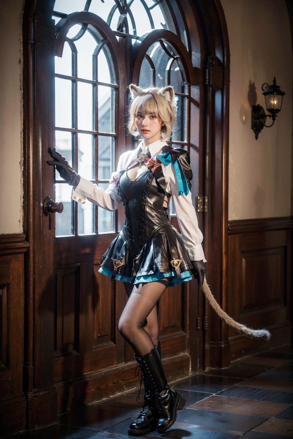 best quality, masterpiece, photorealistic, 1girl, solo, standing, full body, (looking at viewer:1.2), closed mouth, lynette cosplay, dress, cosplay, animal ears, blonde hair, short hair, collar, long sleeves, pantyhose, blonde hair, black pantyhose, gloves, lace-up boots, tail, cleavage, castle, <lora:genshin_Lynette_cosplay_v1:0.65>