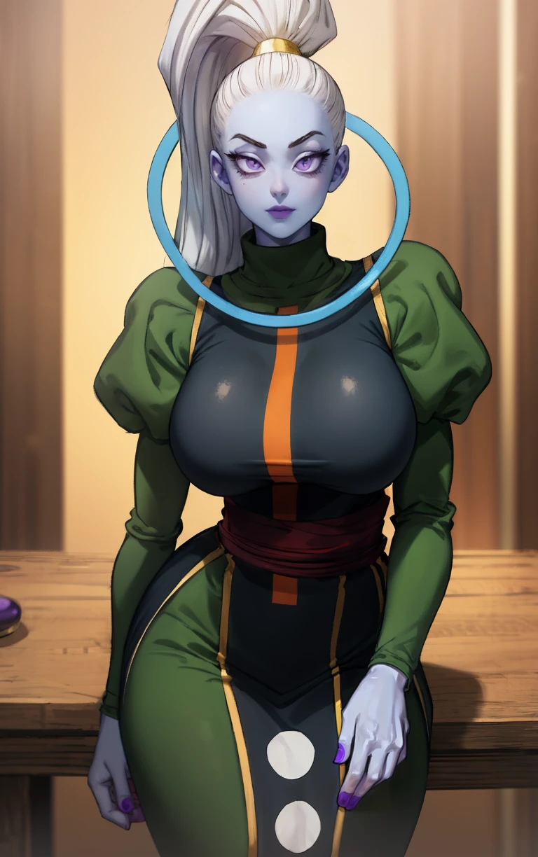 Dress_DragonBallSuper_Vados_ownwaifu,
1girl, blue skin, white hair, hair pulled back, high ponytail, purple eyes, colored skin, alien, long hair, very long hair, lipstick, makeup, purple lips, breasts, large breasts, eyelashes, jewelry, purple nails,
puffy sleeves, long sleeves, dress, juliet sleeves, sash, green skirt, puffy long sleeves, turtleneck,
<lora:ANIME_DragonBallSuper_Vados_ownwaifu:1> ,
((masterpiece)),((best quality)),(highres, absurdres), original, bokeh, depth_of_field, scenery, spotlight, focused, looking at viewer, solo, cowboy shot,