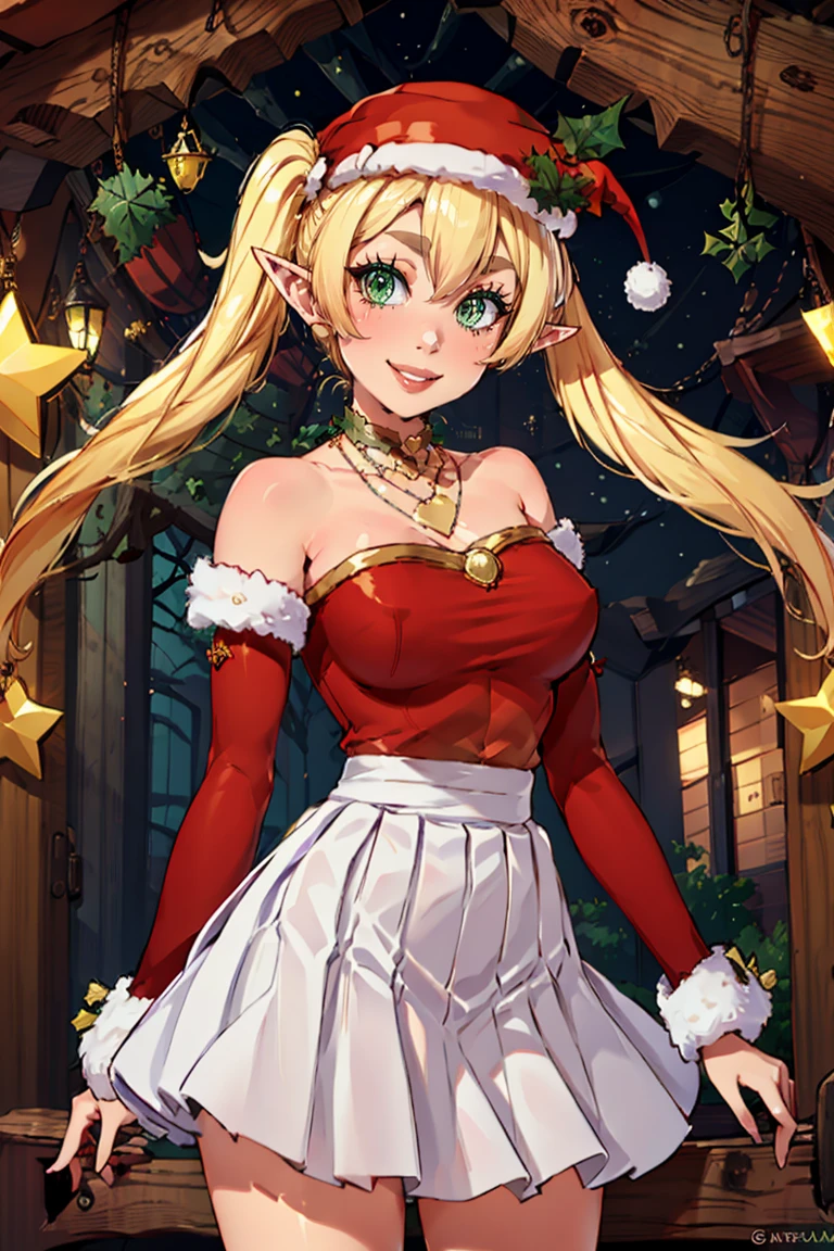 <lora:Puppypaww_Style:0.8>,((masterpiece,best quality)), absurdres, <lora:Klee_Adult_Christmas:0.8>,  Klee_Adult_Christmas, pointy ears, green eyes, santa hat, mistletoe on hat, red shirt, bare shoulders, detached red sleeves, blonde, heart necklace, jewelry, twintails, white skirt, solo, smiling, looking at viewer, cowboy shot,