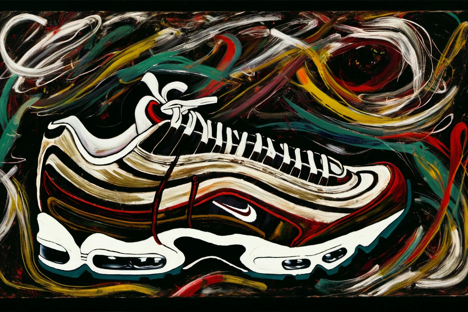 MoDernart, stylized still life painting of side view of a Nike Air Max shoe, abstract expressionist painting, dark background, vivid contrasting colors, swirling lines and shapes, artwork, Jackson Pollock - The She-Wolf