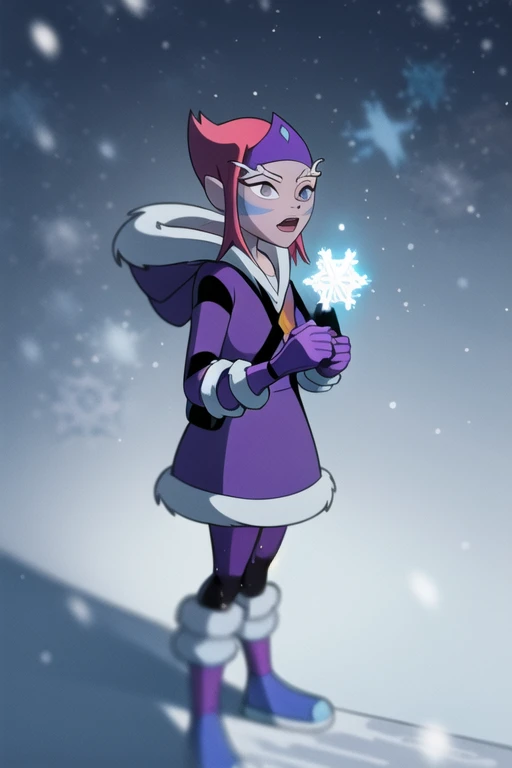 <lora:ester-09:1> ester, facing front, front view, full body, snowing, hood up, wearing hood, wearing mittens, holding snowflake, snowflake between hands, looking into hands, snowflake glowing blue, dark background, snowing, masterpiece, best quality