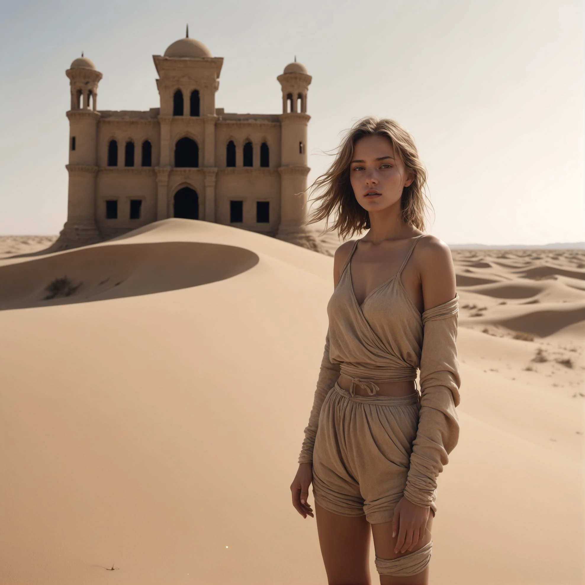 best quality, cinematic film still, city ruins sunken in sand, desert, sand dunes, shimmering sand, in front a young woman wearing sandy outfit