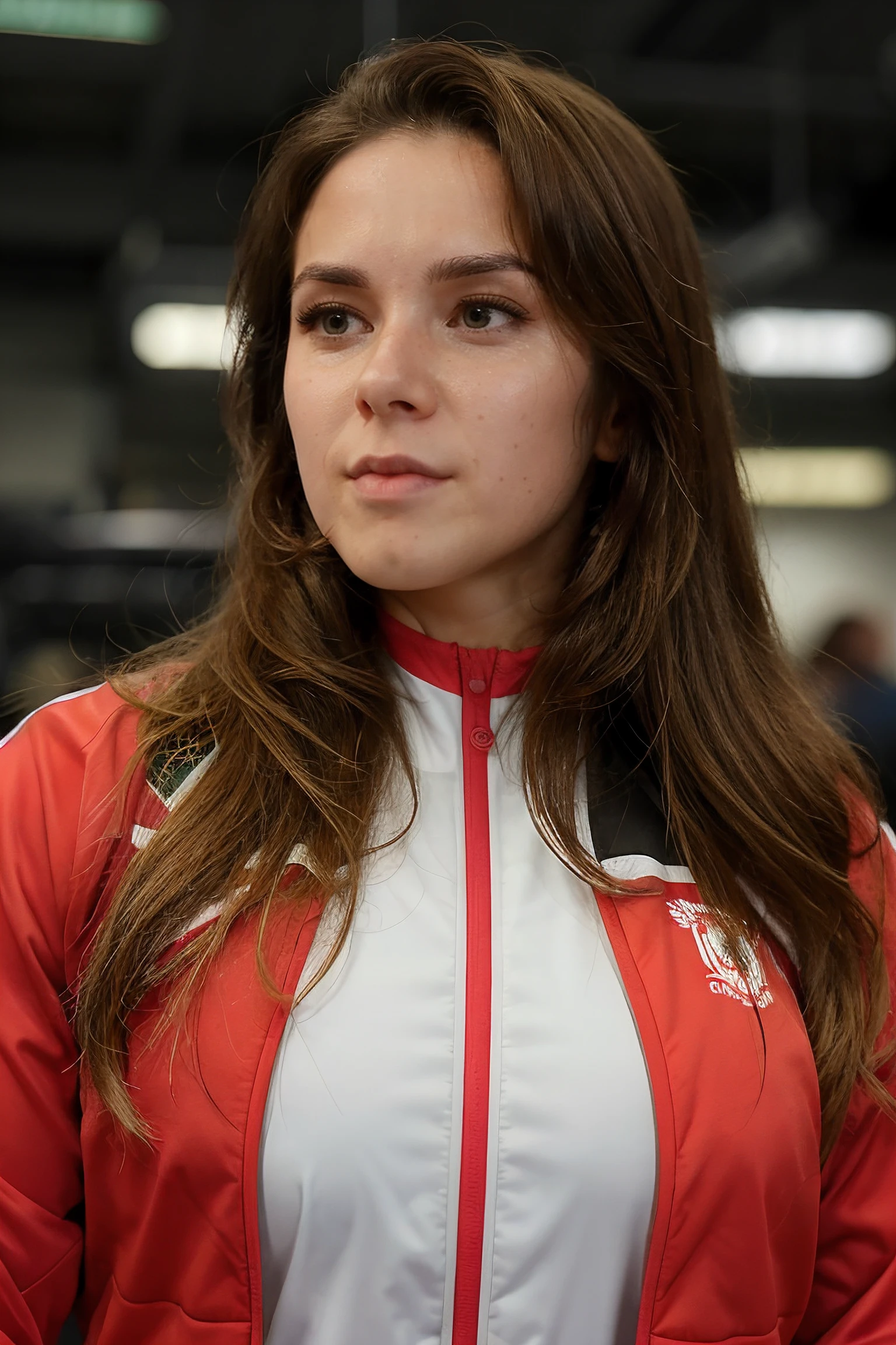 maria andrejczyk, long hair, wavy hair, smooth skin, perfect skin,
sports jacket, sporty jacket, red sports jacket,
upper body, medium close-up, gym background, bike,
<lora:MariaAndrejczyk_(V1):0.7>