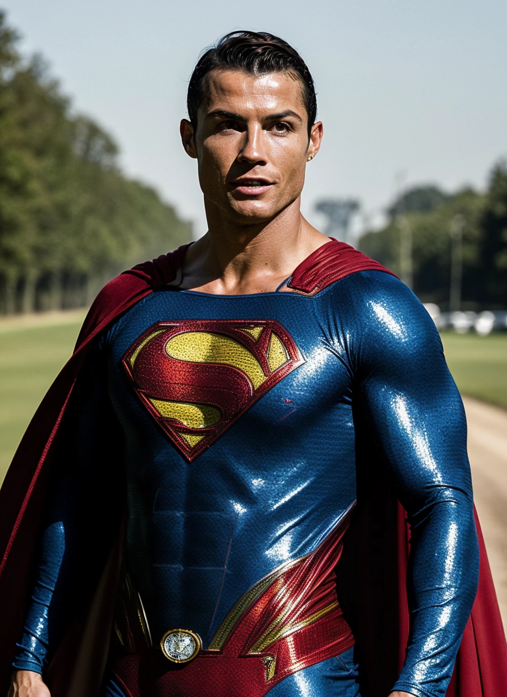 photo of sks person as superman cristianoronaldo-ti <lora:lora-small-cristiano-ronaldo-v1:0.2> <lora:locon_cristianoronaldo_v1_from_v1_64_32:0.3>, natural lighting, superman costume ((superman))