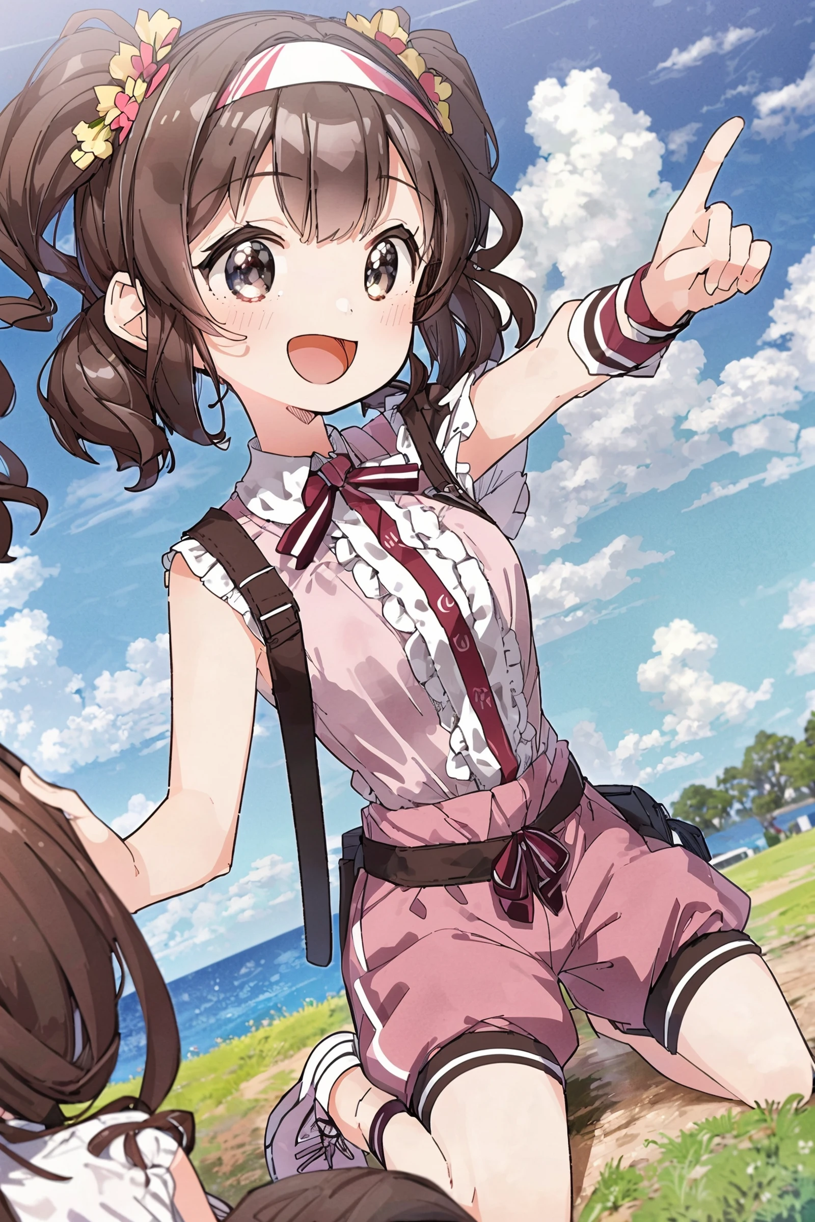 (masterpiece, top quality, extremely detailed, best quality, beautiful and aesthetic:1.2), (1girl:1.3), official art, high resolution, surreal,  <lora:kusaka+MEI1-000014:0.8> kusaka+, focused, Picnic park background, day, clouds, pointing, brown hair, short hair, afro twin tail, burgundy eyes, toned, see-through shirt, pom-pom pants, (trainers), small breasts, seductive smile, ribbon hairband, seductive smile