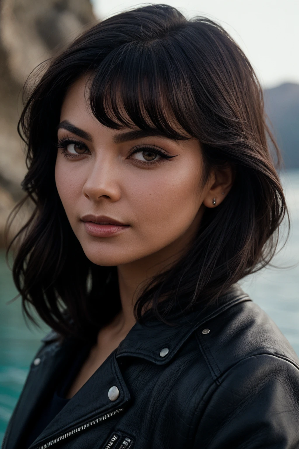 photo of (EPK1m1K4tk4r:0.99), closeup portrait, perfect hair, (modern photo, Leather jacket), 24mm, (analog, cinematic, film grain:1.3), ((the photoelectric effect [in|at] underwater canyon , gradient:1.1)), ((detailed eyes)), ((eyeliner, long lashes)), (epicPhoto), long eyelashes,