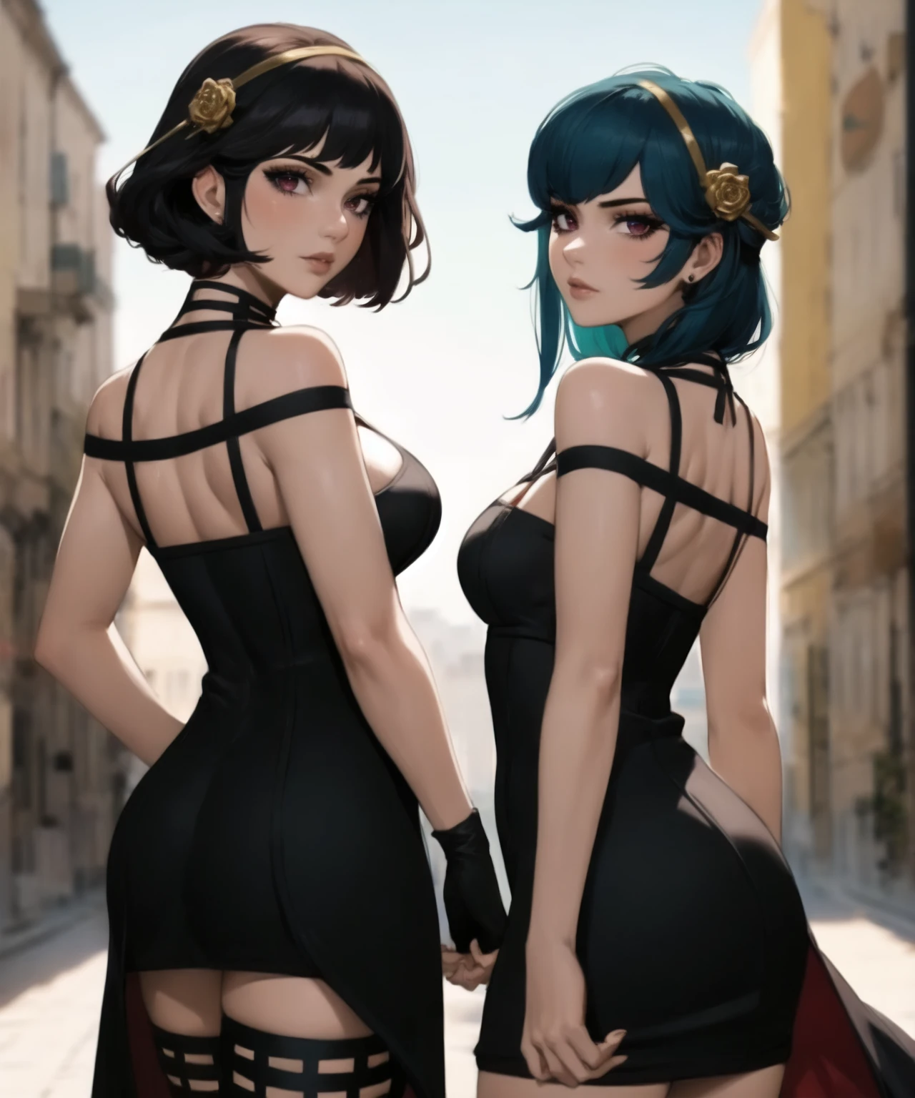 (masterpiece, best quality, ultra detailed, intricate details:1.2), (8k, 4k, beautiful detailed background, beautiful detailed eyes, perfect face, lip, nose, eyelashes), perfect female body, lips, (cowboy shot, looking at viewer: 1.5),
outdoors, city, ((2 girls, multiple girls)), green hair, blue hair, red eyes, ((looking back, from behind)),  short hair,
yor_briar_(cosplay), cosplay, bare shoulders, black dress, black gloves, cleavage, covered navel, fingerless gloves, gold hairband, hair flowers, pin, halterneck, sleveeless dress, black thighhighs, thigh boots,
<lora:yor_briar_(cosplay):1>