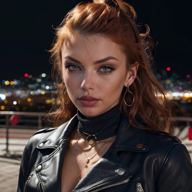 (masterpiece:1.2), (best quality,:1.2), 8k, HDR, ultra detailed, ((photorealistic)), professional light, cinematic lighting, fashion photography, ambient lighting, face lighting, Taylor, <lora:Taylor:1>, dynamic pose, wild and messy auburn hair, earrings, dark makeup, choker, necklace, ((portrait shot)), black turtleneck, leather coat, middle-aged, perfect skin