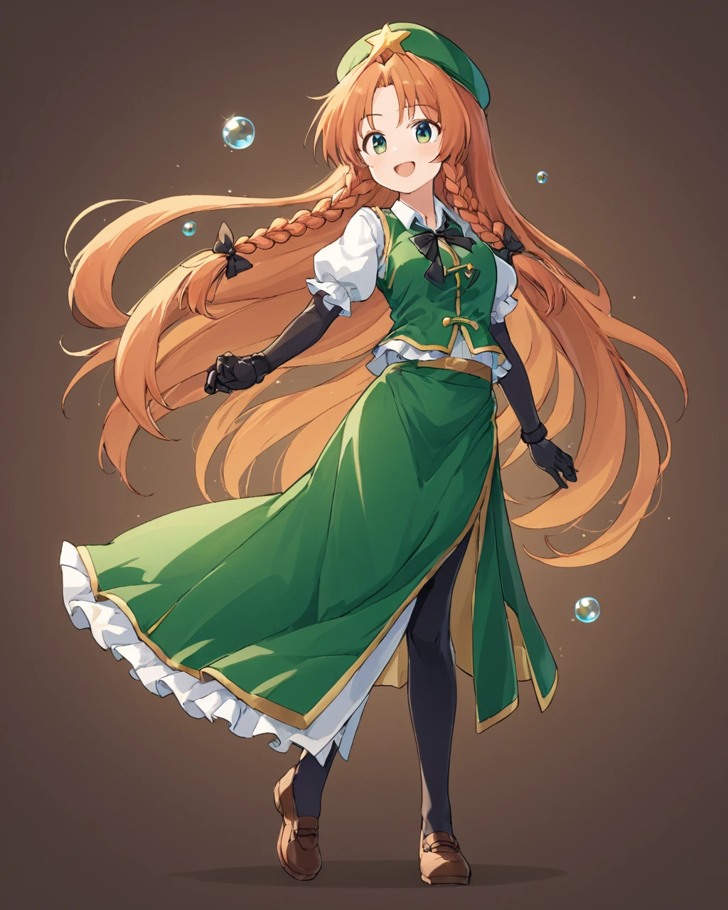 hong meiling,1girl, star_hat_ornament, solo, green_vest, star_\(symbol\), nose_bubble, open_mouth, black_thighhighs, braid, green_headwear, beret, white_shirt, green_skirt, sleeping, shoes, standing_on_one_leg, brown_footwear, fingerless_gloves, elbow_gloves, black_gloves, puffy_short_sleeves, black_bow, full_body, hair_bow, collared_shirt, simple_background, smile, side_slit, brown_background
<lora:hong_meiling_image3632_2023-12-11-000004:1>,star-shaped_pupils,symbol-shaped_pupils,. gorgeous,key visual, vibrant, studio anime,award-winning, professional, highly detailed,high budget, cinemascope