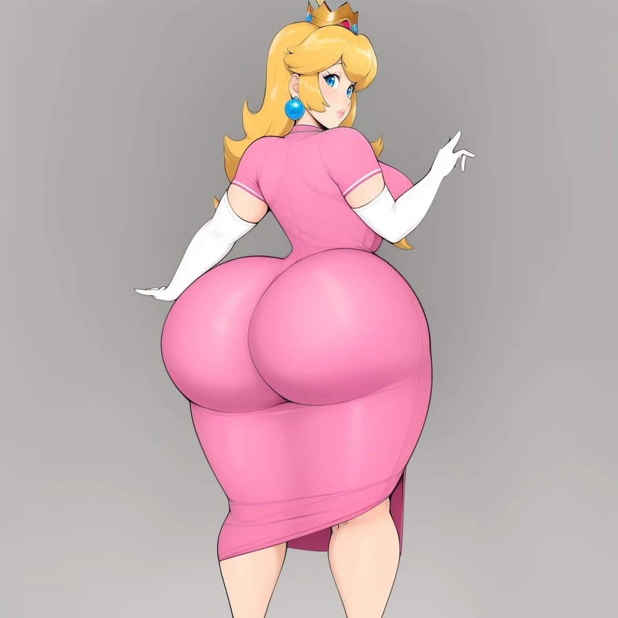 score_9, score_8_up, score_7_up, BREAK, 1girl, solo, princess peach, ((chubby body)), ((wide hips)), ((chubby belly)), Full body, ((Fat)), from the side, back shot, sitting, bedroom, detailed background, looking at viewer