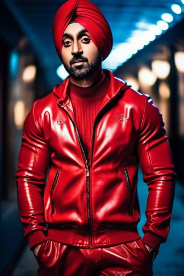 Ranbir Kapoor a man <lora:Diljit:0.9>, realistic photo in a worn ((skin-revealing skimpy erotic red tracksuit, massive hairy pecs)), big pecs, big arms, bulge, VPL, ((light bokeh)), intricate, (steel metal [rust]), elegant, erotic, exuding sexual energy, homoerotic, sharp focus, photo by greg rutkowski, soft lighting, vibrant colors, (masterpiece), ((streets)), (detailed face), looking at viewer, light smile, night, walking towards viewer, cinematic lighting, beautiful lighting, cinematic lighting, (hazy filter, film grain:1.2)