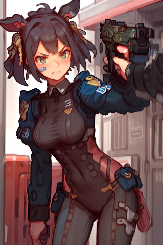 1girl,cute face,angry,police,bodysuit,holding gun, handgun, androidarts