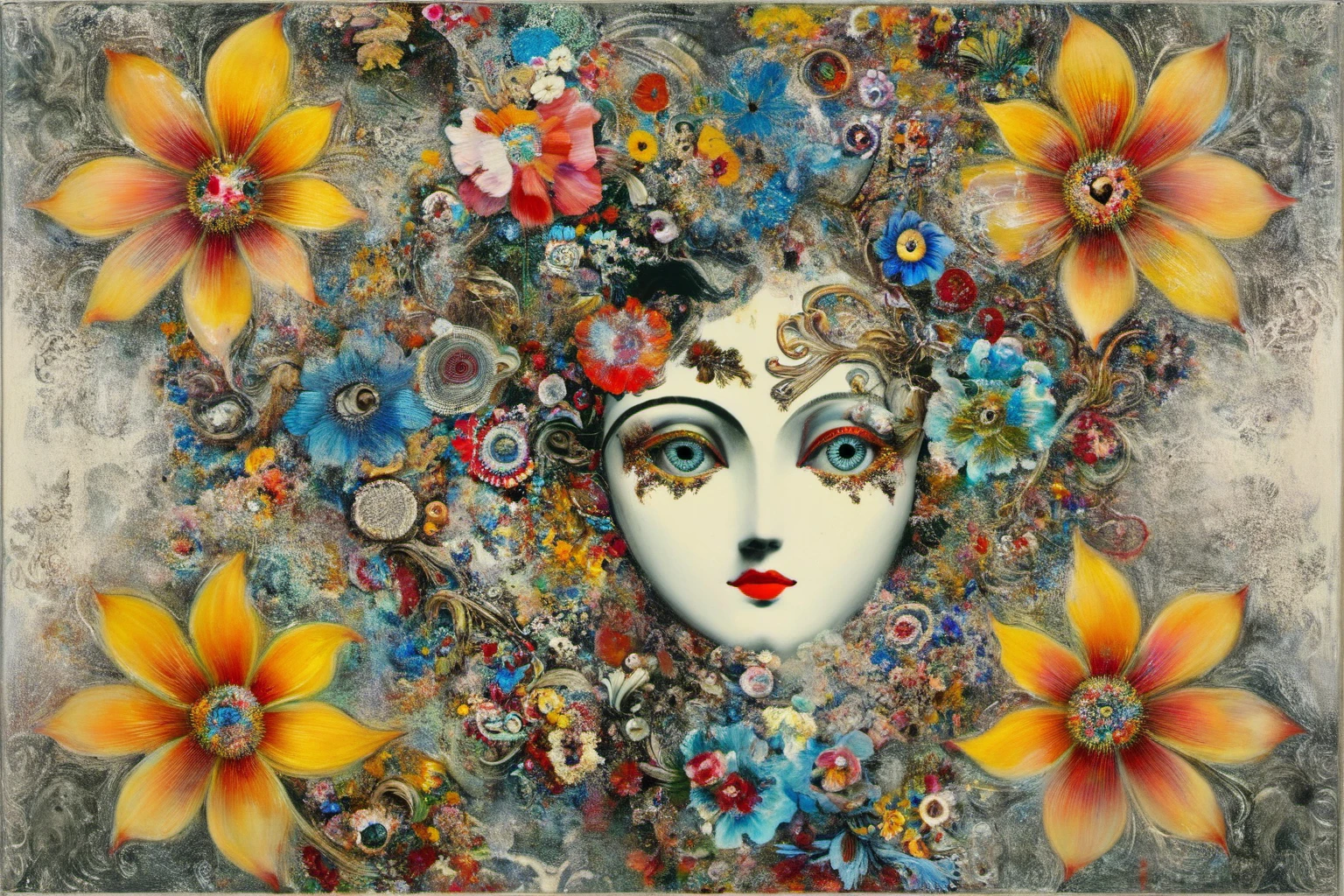 MoDernart, colorful abstract painting of (((a lady face merged into flowers))), strange eyes, with ornate patterns and floral designs, featuring bright colors like red, blue, yellow, and green, reminiscent of ornamental art styles