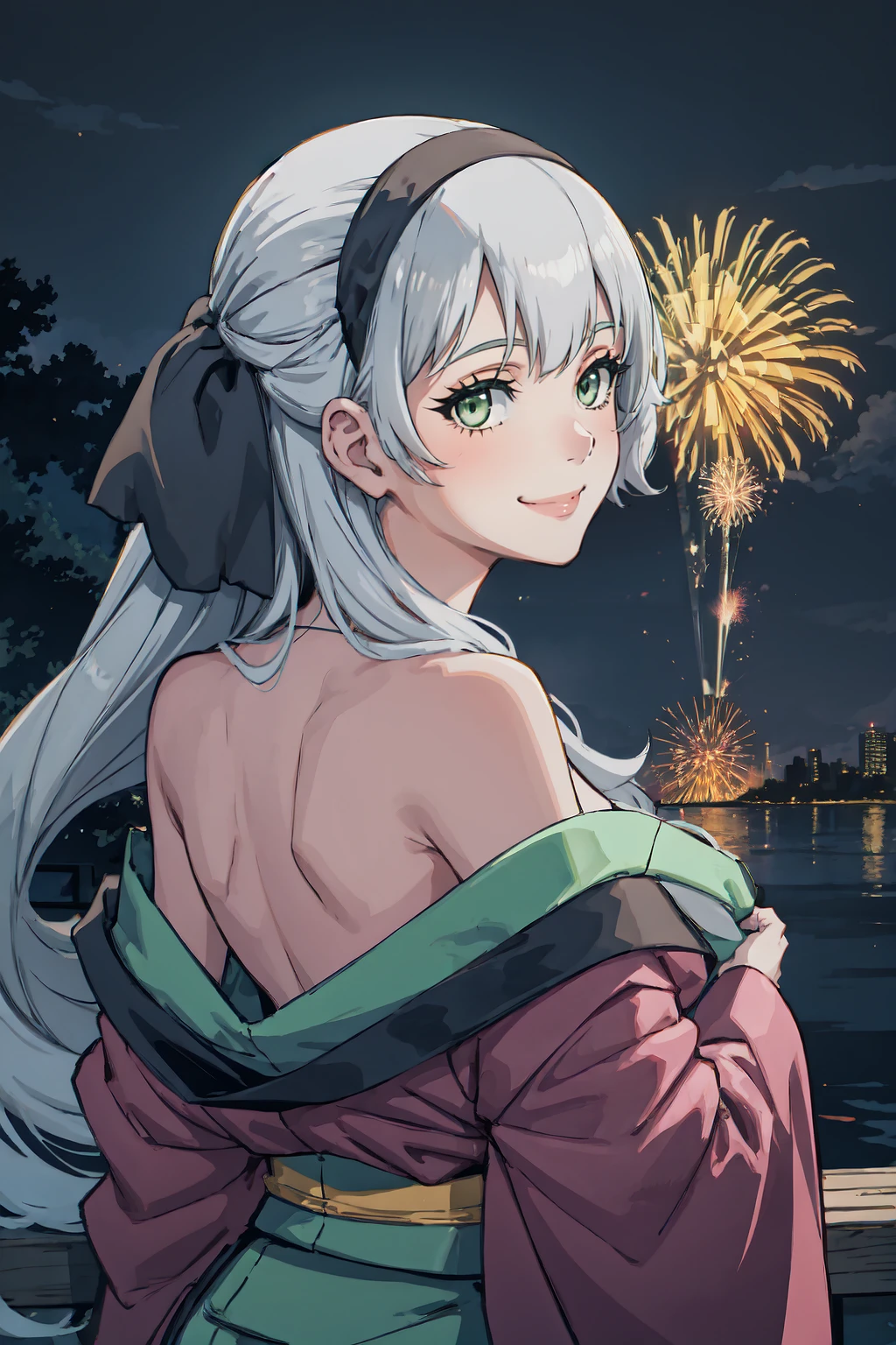 1girl, <lora:OffShoulderKimono:1>, kimono, from behind, off shoulder, shoulder blades, outdoors, night, fire works, seductive smile, elie macdowell, green eyes, hairband, <lora:Char_OC_ElieMacDowell:0.9>, looking at viewer,