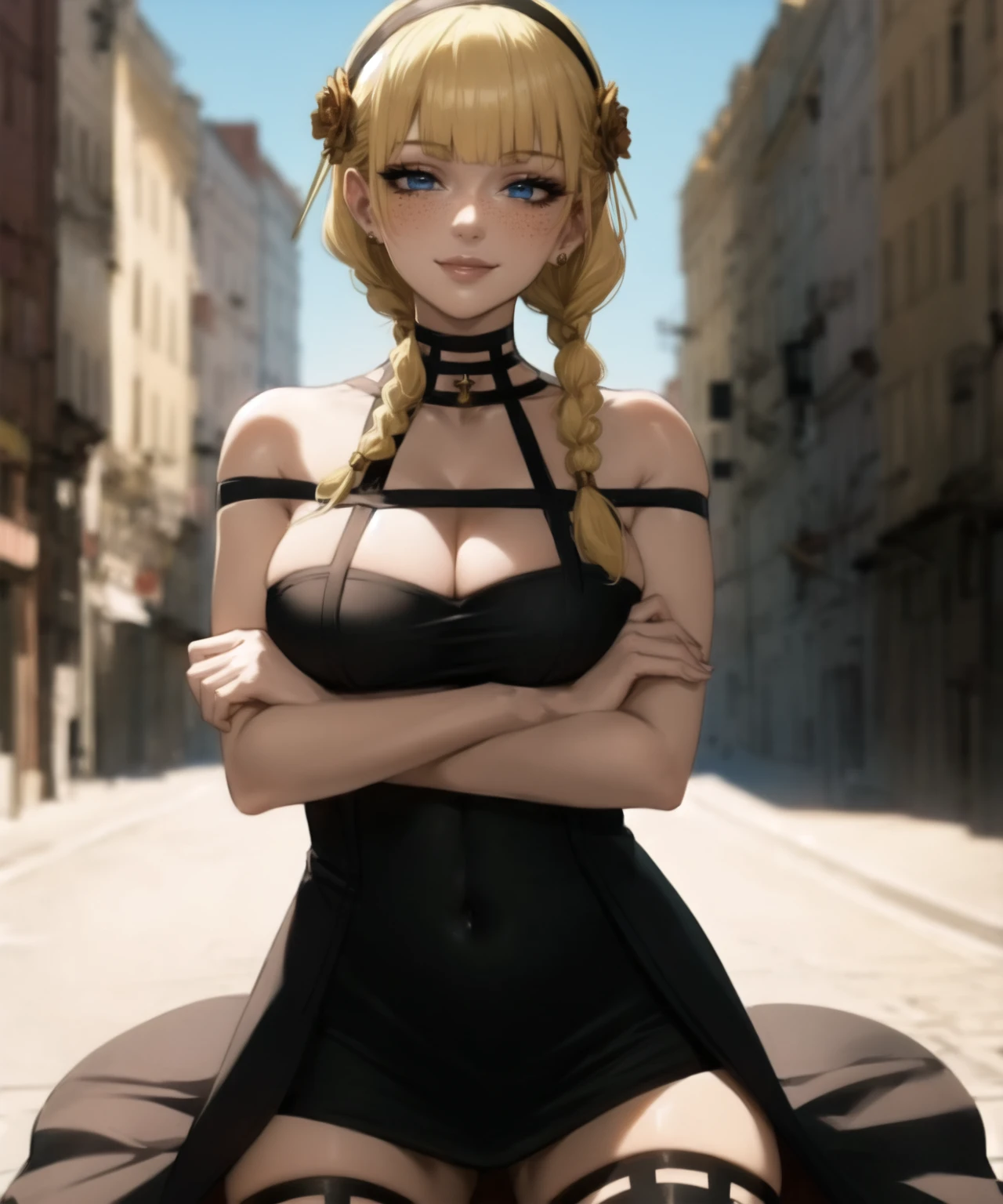 (masterpiece, best quality, ultra detailed, intricate details:1.2), (8k, 4k, beautiful detailed background, beautiful detailed eyes, perfect face, lip, nose, eyelashes), perfect female body, lips, (cowboy shot, looking at viewer: 1.5),
outdoors, city, 1 girl, blunt bangs, blonde hair, twin braids, freckles, ((sitting, crossed arms)), smile
yor_briar_(cosplay), cosplay, bare shoulders, black dress, black gloves, cleavage, covered navel, fingerless gloves, gold hairband, hair flowers, pin, halterneck, sleveeless dress, black thighhighs, thigh boots,
<lora:yor_briar_(cosplay):1>