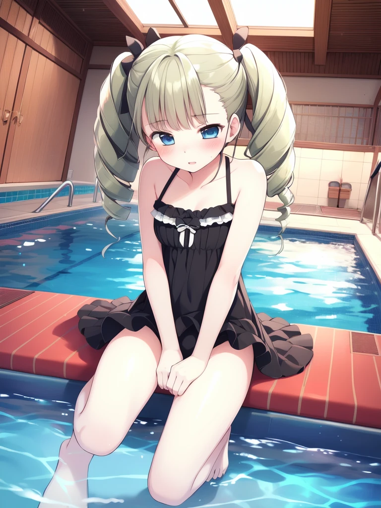 <lora:Aino_Pekonen:0.8>, AinoPekonen, 1girl, solo, barefoot, pool, drill hair, twintails, blush, dress, twin drills, ribbon, long hair, swimsuit, blue eyes, blonde hair, poolside, indoors, counter Shot,