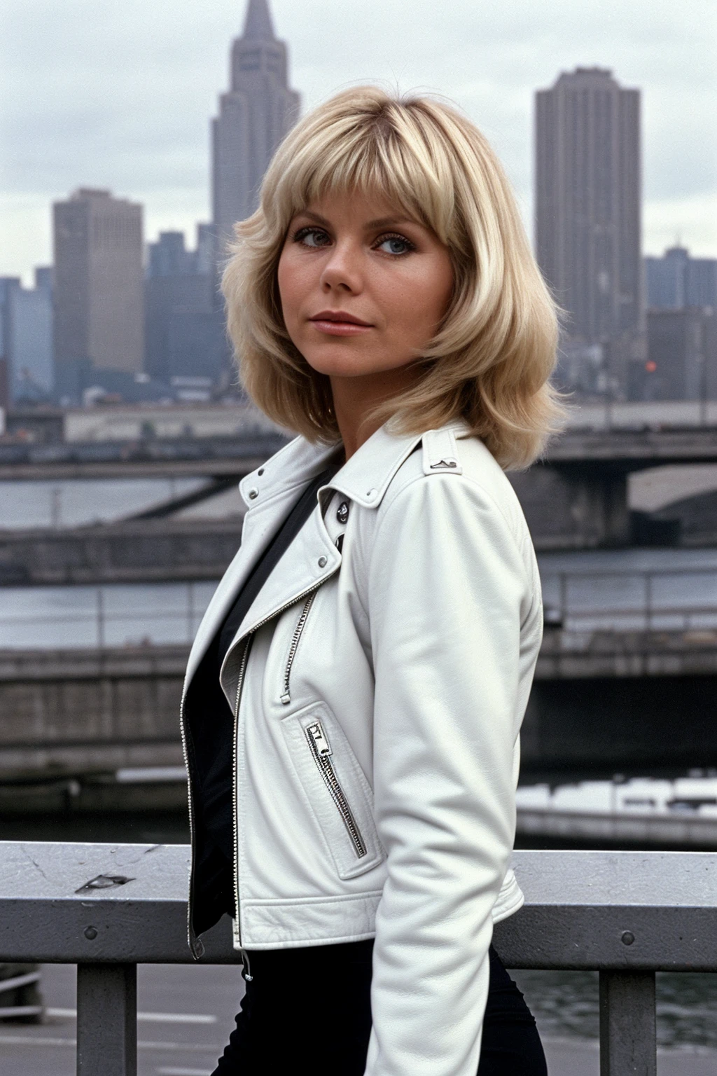 glynisbarber, white shirt, black leather jacket, 1980s style, city background,
<lora:GlynisBarberSD:0.8>