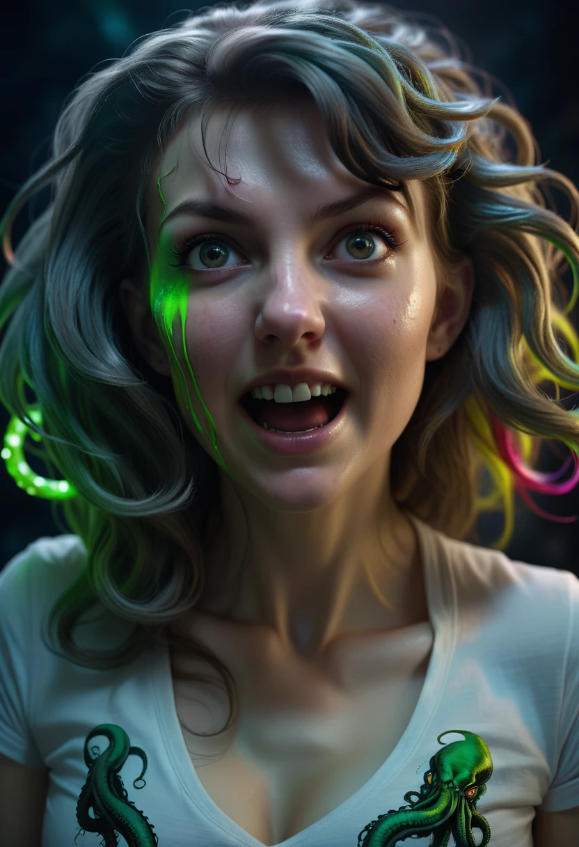"Cosmic Eldritch Portrait: Photorealistic Cthulhu-Inspired Woman" - Picture a hyper-realistic RAW photo of a woman, blending elements of cosmic horror with enchanting beauty. She is depicted with an essence of the elder god Cthulhu, intertwining the Great Old Ones' themes with a cinematic, modern portrait. The high-res image, shot in 8K, showcases her against a universe-like, space-themed backdrop, creating a crazy, high-energy scene. The woman's round eyes and short, messy hair are captured in sharp focus, framed by the soft, natural lighting of an outdoor setting. Her skin texture, including chapped lips, is rendered in exquisite detail with an 85mm lens. She wears a simple white t-shirt, contrasting her otherwise magical and dramatic appearance. The composition is intimate and ultra-detailed, enhanced by Cinestill 800T film and front lighting. Her open, smiling mouth and athletic build contribute to the masterpiece's elegance and beauty. Her face, with beautiful light gray eyes and a pure, innocent expression, is highlighted by intricate details and volumetric lighting. Additionally, elements of rainbow paint splatter and neon drops add a vibrant, otherworldly touch to the portrait, creating a visually stunning, 21st-century masterpiece. The photorealism, enhanced by a Fujifilm XT3 camera and Canon 50mm lens, brings this surreal, Cthulhu-inspired concept to life with striking clarity and detail.