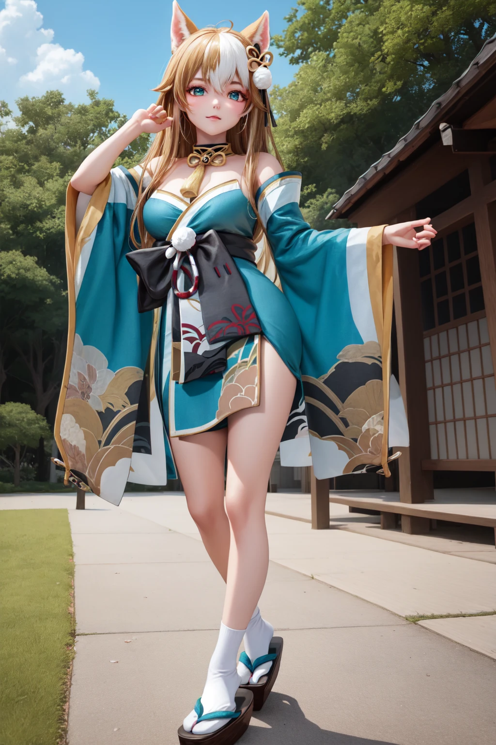 masterpiece, best quality, high quality, full body, outdoors, looking at viewer, 1girl, dynamic pose, <lora:hina-fi-09:1.0>, hina-fi, two-tone hair, japanese clothes, green kimono, tail, bare shoulders,