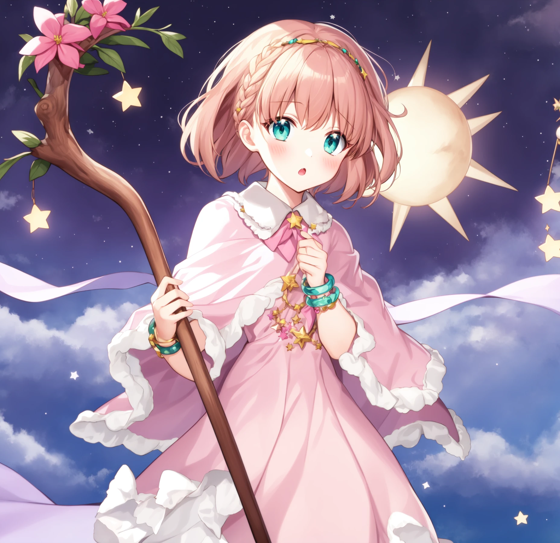 azseylum, hairband, 1girl, solo, staff, bow, hat, pink bow, dress, jewelry, braid, star \(symbol\), bracelet, short hair, moon, open mouth, :o, pink dress, hair bow, capelet, flower, pillar, blush