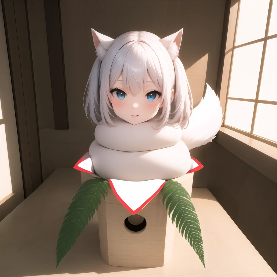 kagamimochi, head on rice cake, on square wooden base, a pair fern, paper between rice cake to wooden base, white fox tail
<lora:kagamimochi-001_0.7:1>
