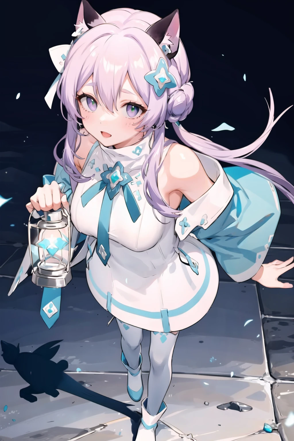 ((masterpiece)), 1girl, solo,  white thighhighs,   <lora:saltMaimaiAnything1.3:1>,  salt\(maimai\), white turtleneck dress,  blue border,  walking, (from above:1.3), looking away, green pupils,
white hair band, cat ears,  (purple eyes:1.0), very long hair, grey purple hair, happy, hair ornament, chest jewel, holding lantern, 
large breasts,  high Detail, open coat, white shoes, , blue coat, white shoes, blue ankle garter, ties, <lora:GoodHands-beta2:1.8>