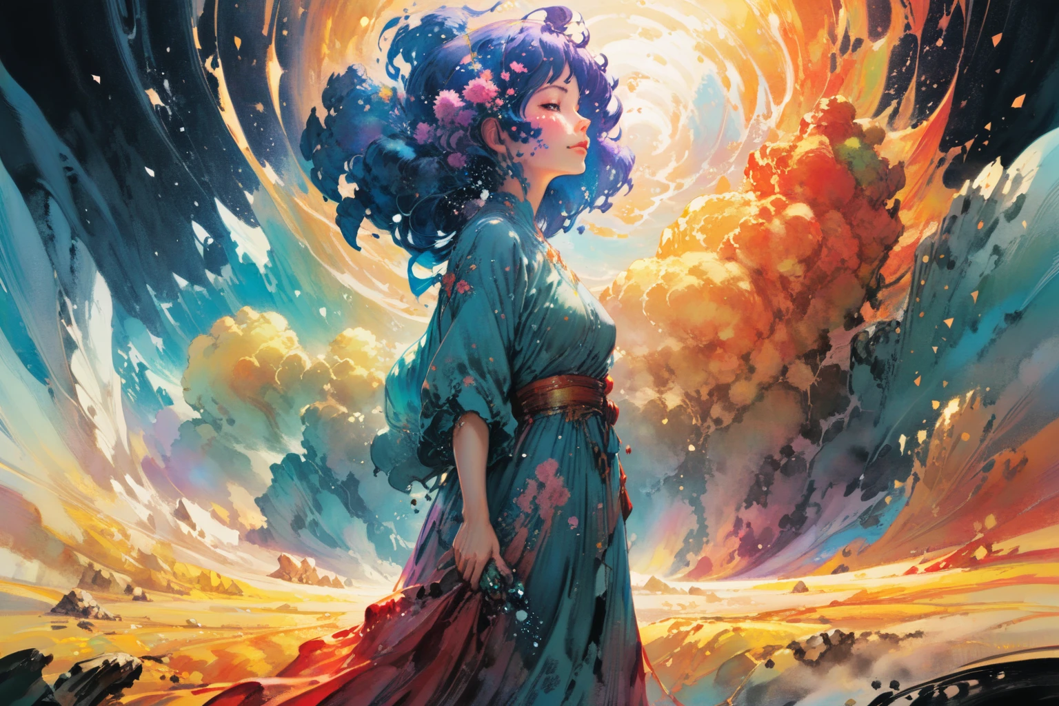 masterpiece, painted world, colorful splashes, <lora:Painted World-000006:1> by Katsuhiro Otomo with art direction by Greg Rutkowski, Monet & Alphonse Mucha