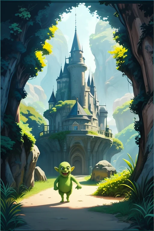 (pixar|disney:1.2) monster surprise, perfect teeth, hilarious funny , yellow background . green monster troll, crazy cartoon, style, stylized exaggerated, simplified