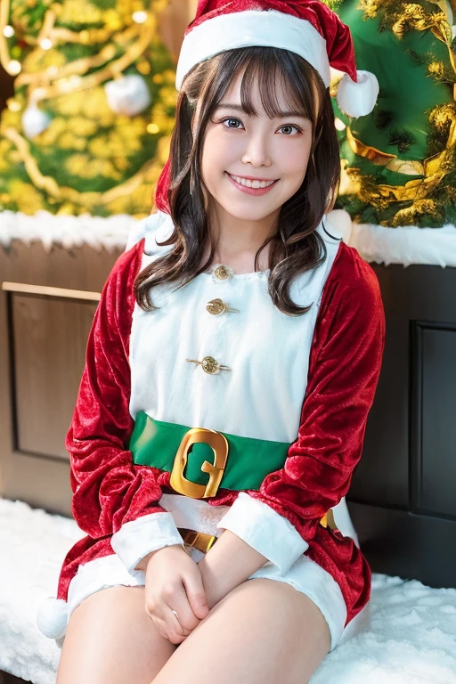 1girl,(wearing santa girl costume:2.0),(mini skirt:1.6),(RAW photo, best quality), (realistic, photo-realistic:1.4), masterpiece, an extremely delicate and beautiful, extremely detailed, 2k wallpaper, Amazing, finely detail, extremely detailed CG unity 8k wallpaper, ultra-detailed, highres, soft light, beautiful detailed girl, extremely detailed eyes and face, beautiful detailed nose, beautiful detailed eyes,cinematic lighting, (christmas decorations:1.4),(at night:1.4), (snow scenery:1.4),perfect anatomy,slender body,smiling,(eyes wide),(looking at viewer:1.6),(japanese idol:1.4), wavy hair, (sitting and hand between legs:1.8), <lora:tateishirin_lora-14:0.8>