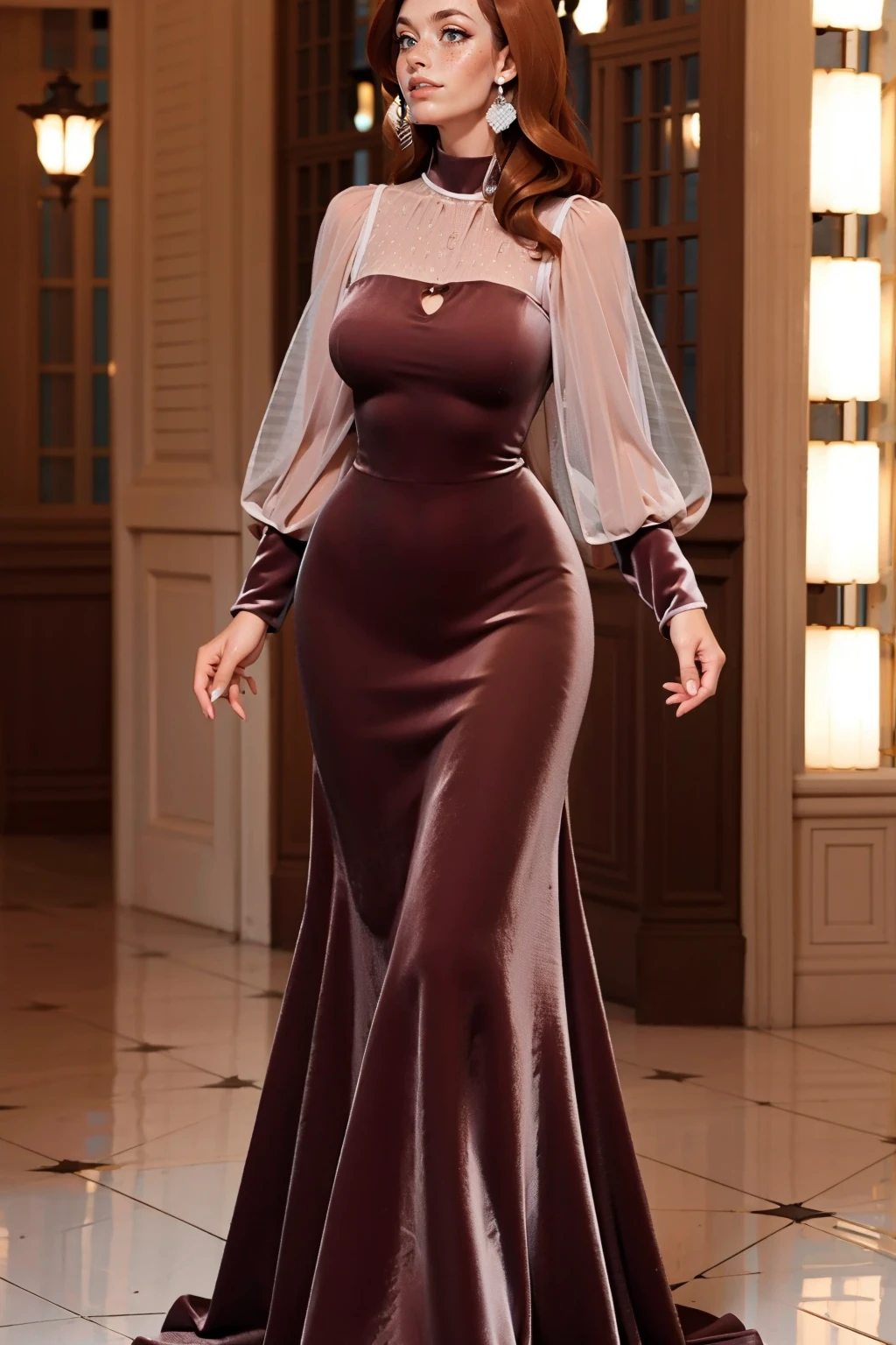 masterpiece, best quality, <lora:age_slider_v20:1.5>  <lora:detail_slider_v4:2> 1girl, mar00nv3lv3t, long sleeves, dress, standing, full body, long dress, maroon dress, velvet dress, see-through sleeves, solo,  <lora:Fr3ckles:1> Fr3ckles, freckles, long hair, ginger hair, black background <lora:mar00nv3lv3t:0.9>