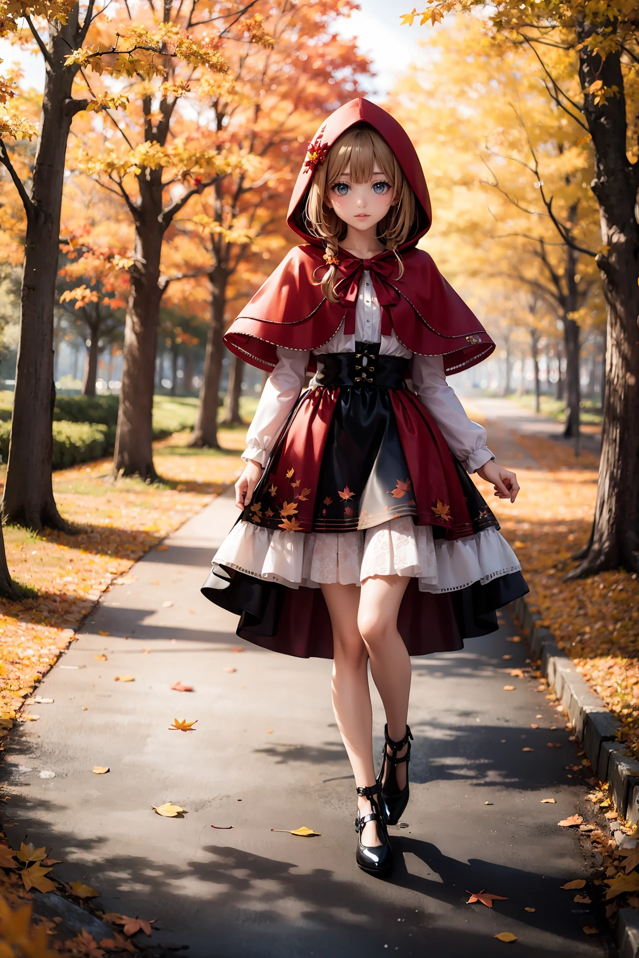 (masterpiece:1.2),(best quality:1.2),(PVC Texture:1.2),1girl,<lora:little_red_riding_hood_v0.1:0.9>,little red riding hood,walking in the woods,autumn season,autumn leaves,