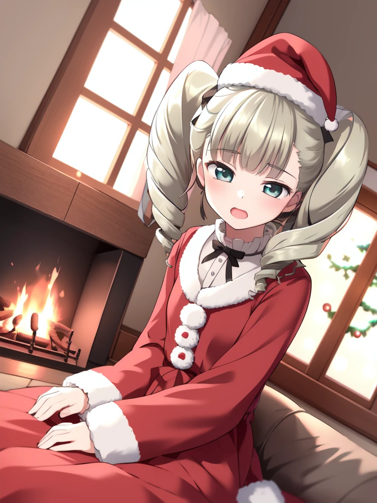 <lora:Aino_Pekonen:0.8>, AinoPekonen, 1girl, solo, hat, long sleeves, sitting, fireplace, open mouth, drill hair, dutch angle, ribbon, indoors, christmas, dress, blonde hair, looking at viewer, red dress, twintails, bangs, grey hair, window,