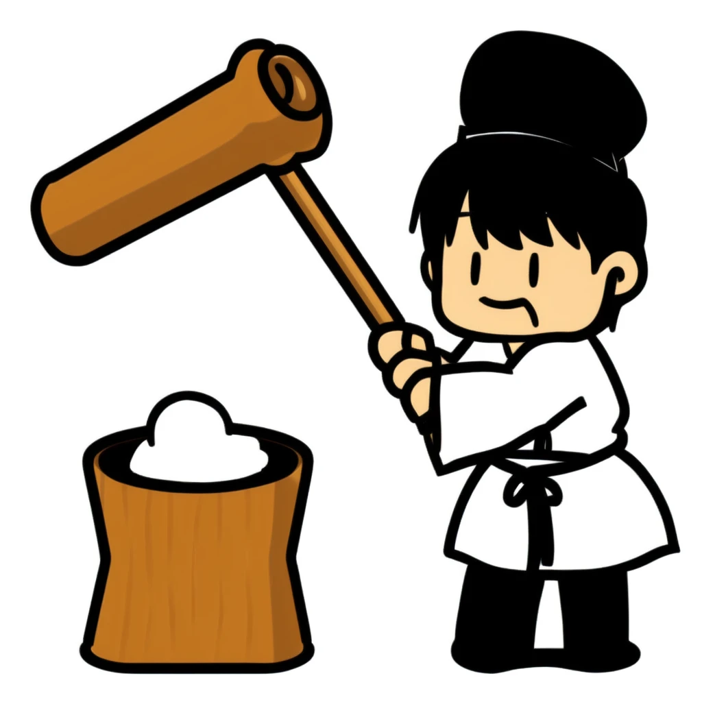 <lora:mochi_pounding_v1:0.7>,solo, looking at viewer, standing, full body, food, hammer, dango, mochi, mallet, holding hammer, kine, MTTK, wood, cooking, sleeves pushed up, mochi