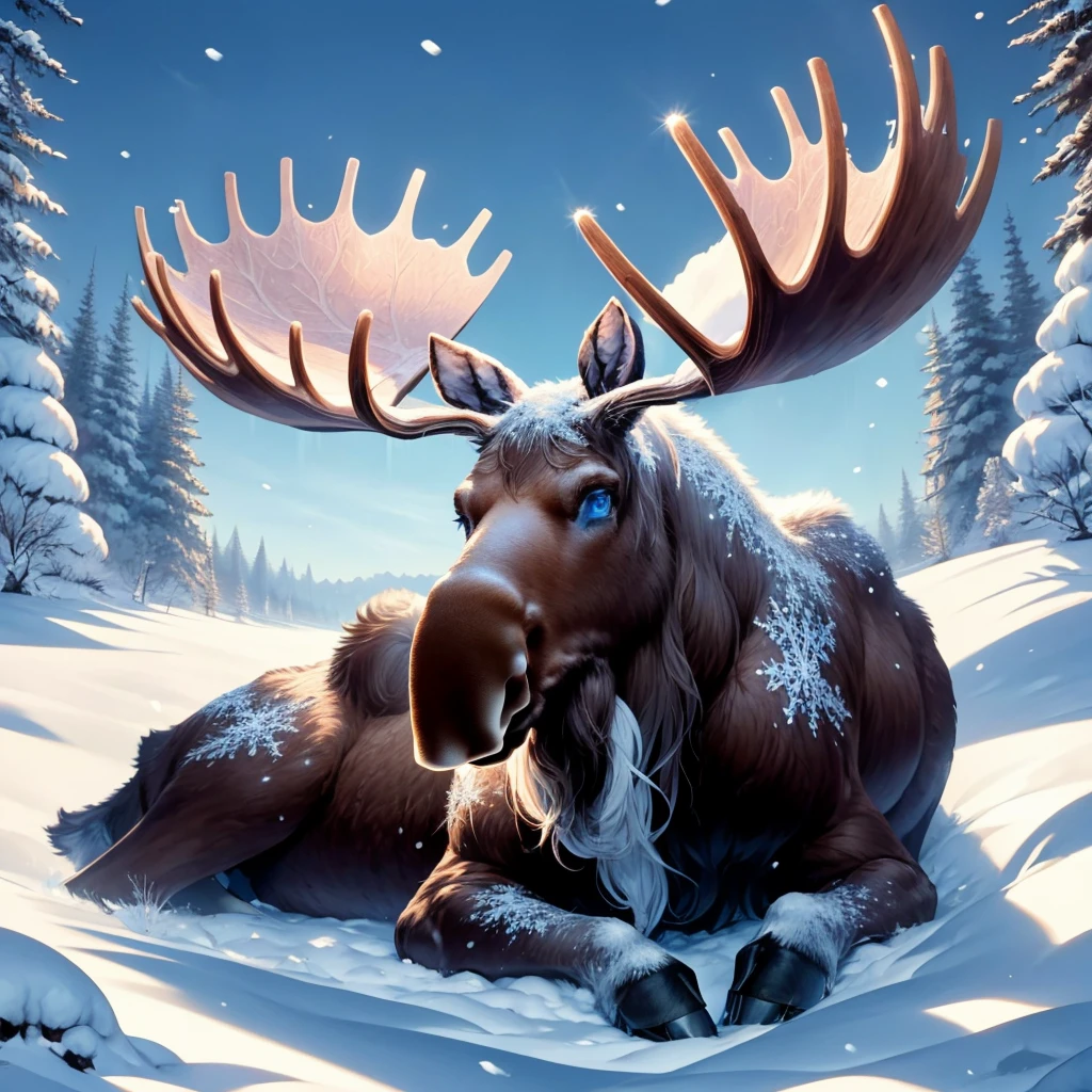 masterpiece, best quality, <lora:mythicalmoose-concept-richy-v1:1> mythicalmoose, winter, snow, ice, blue eyes