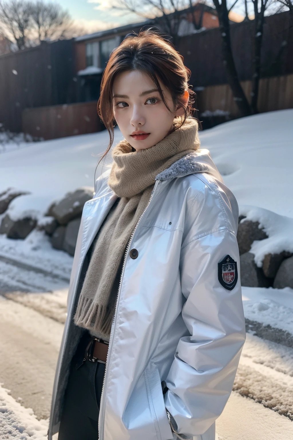 (realistic), (hyperrealism),best quality, masterpiece,ultra high res, (photorealistic:1.4),1girl,pale skin,skinny,(looking at viewer:2), <lora:add_detail:0.6>,outdoors,
<lora:makina69_nana_v1.0:1> , scarf, winter jacket, snowing,
cowboy shot,